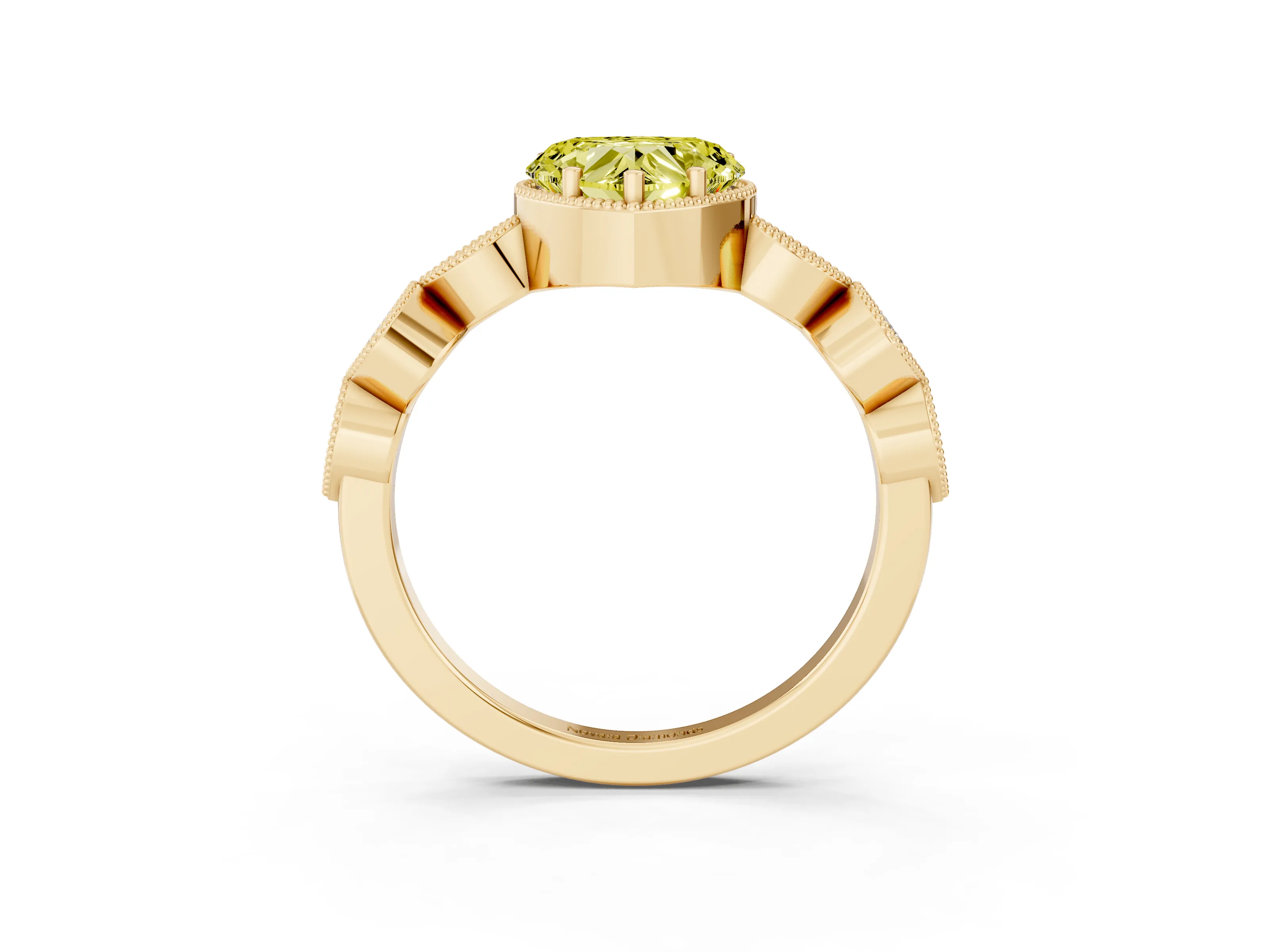 Fancy Yellow Heart Cut Diamond Vintage-Inspired Milgrain Ring Set in Yellow gold with Marquise Stations of Round Accents
