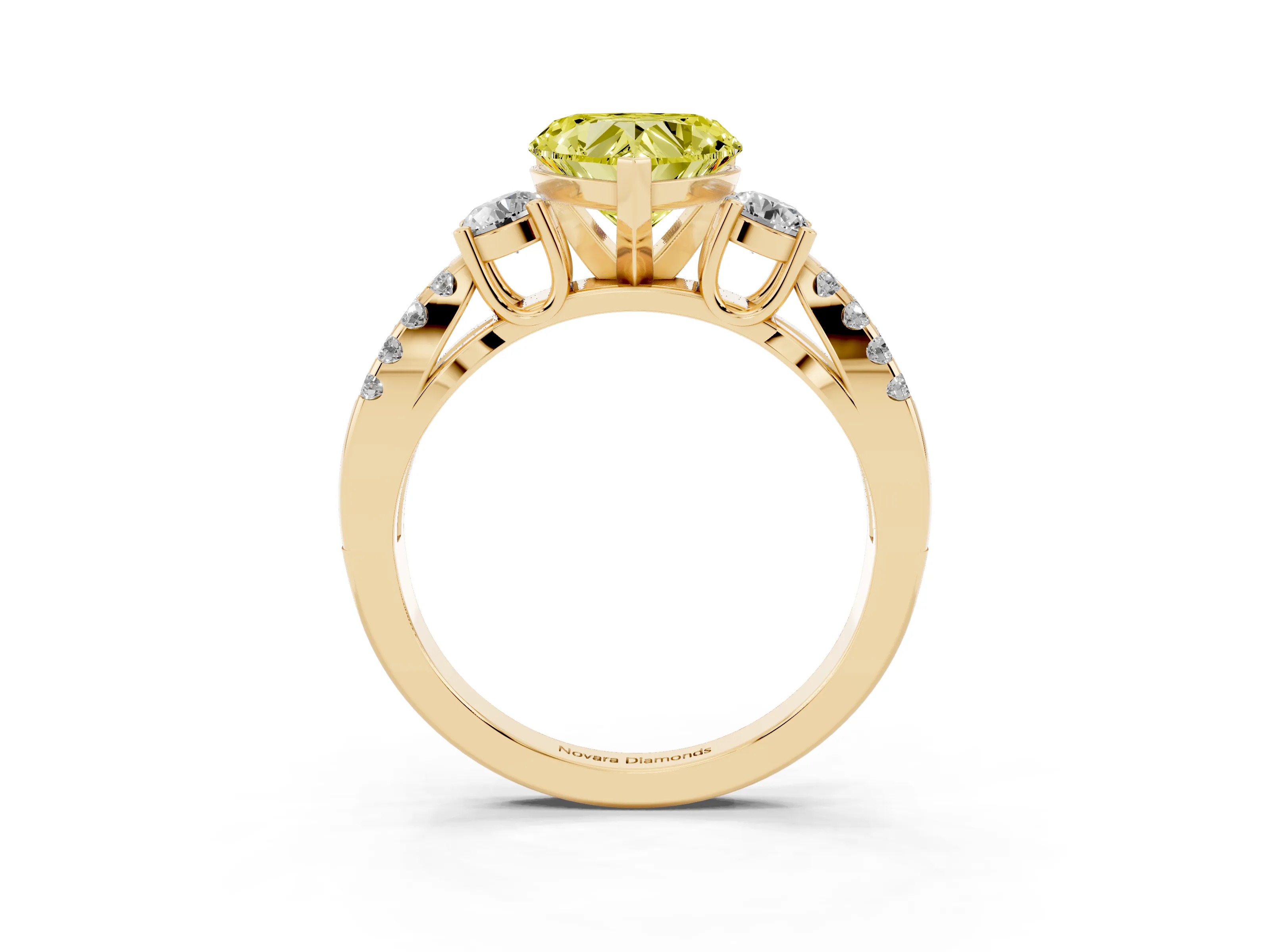 Fancy Yellow Heart Cut Diamond Three-Stone Ring Set in Yellow gold with Pavé Split Shank and Prong Setting