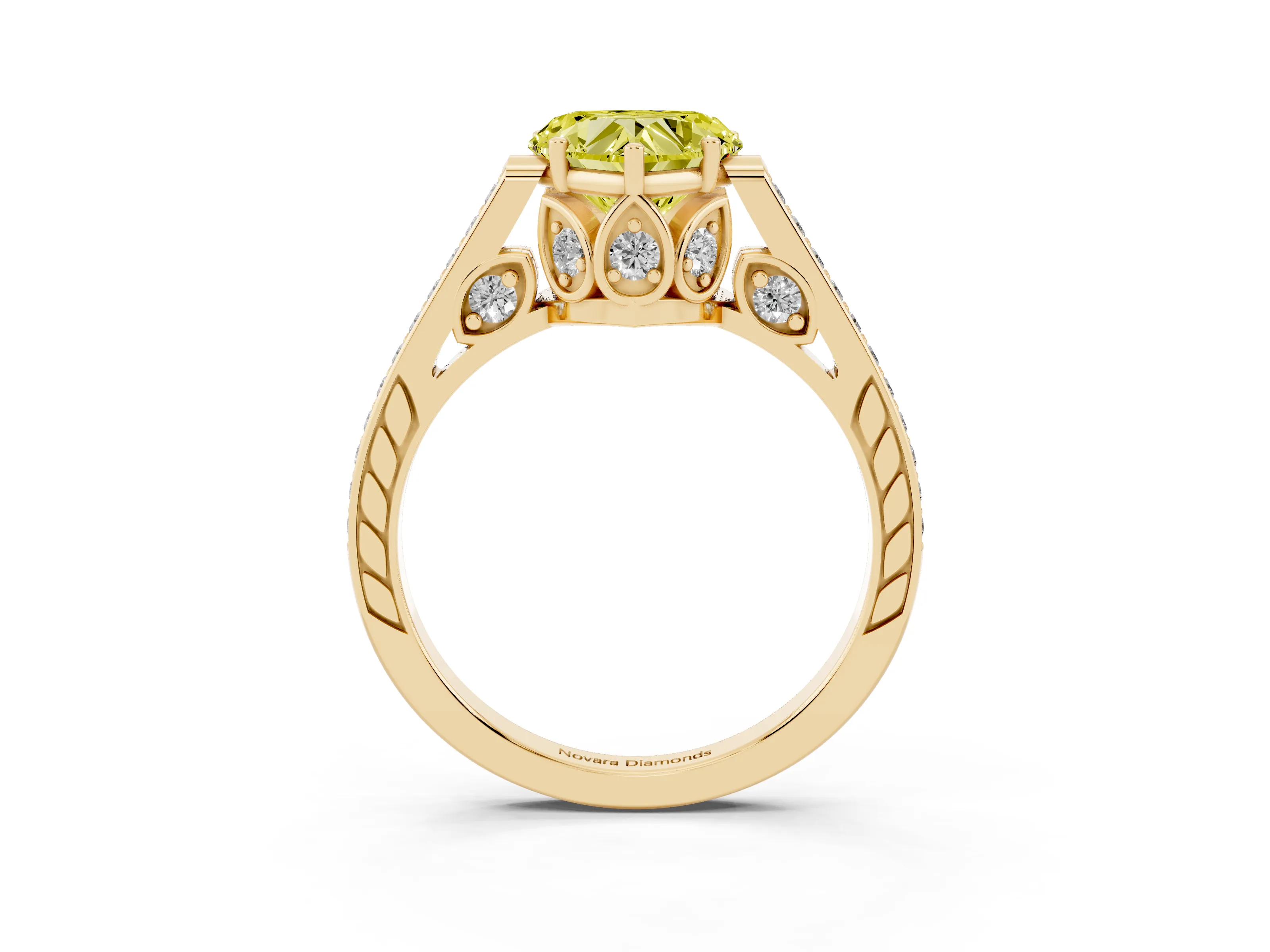 Fancy Yellow Heart Cut Diamond Cathedral Pavé Engagement Ring Set in Yellow gold with Prong Setting