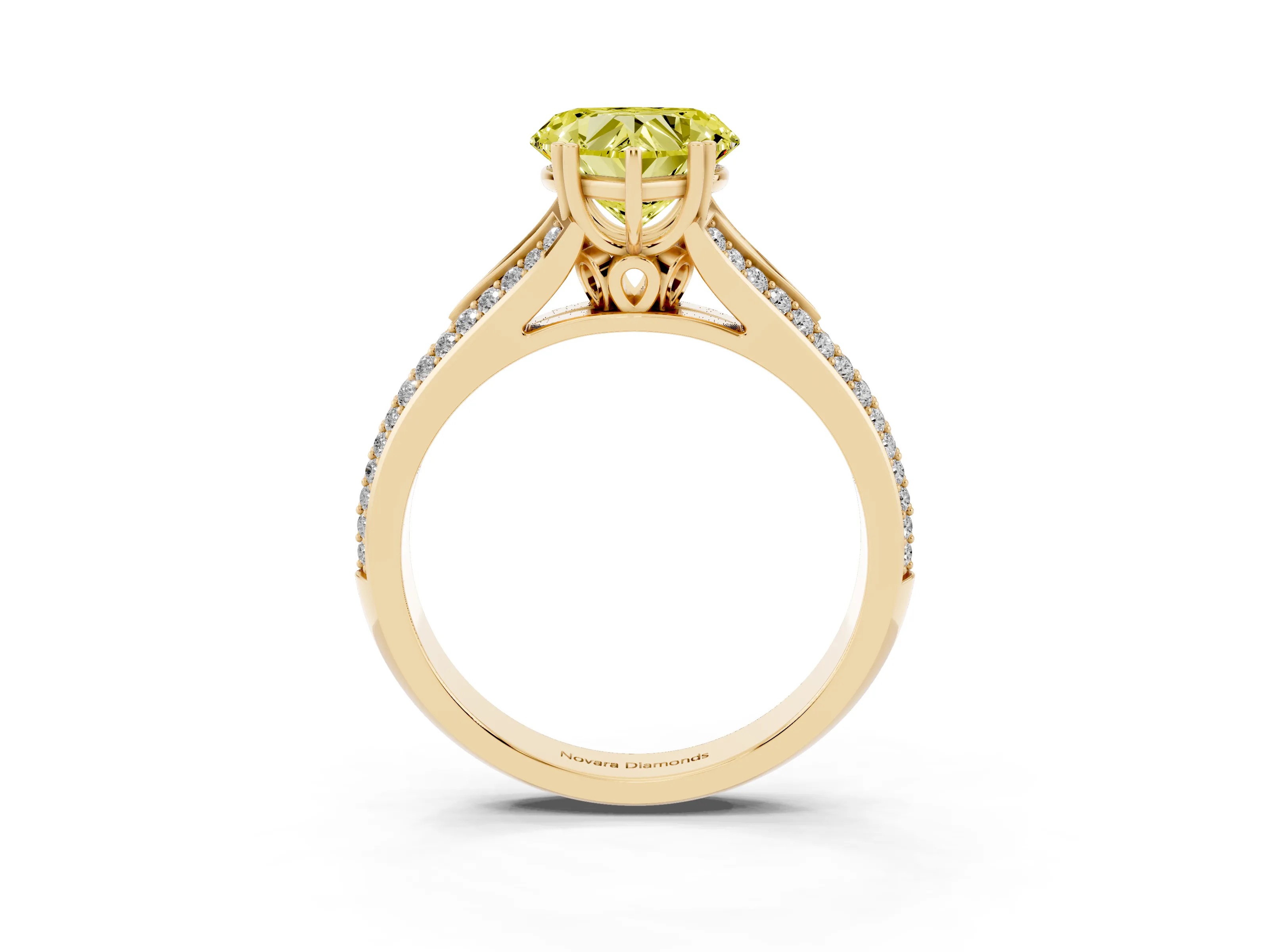 Fancy Yellow Heart Cut Diamond Split Shank Pavé Engagement Ring Set in Yellow gold with Prong-Set Center Stone