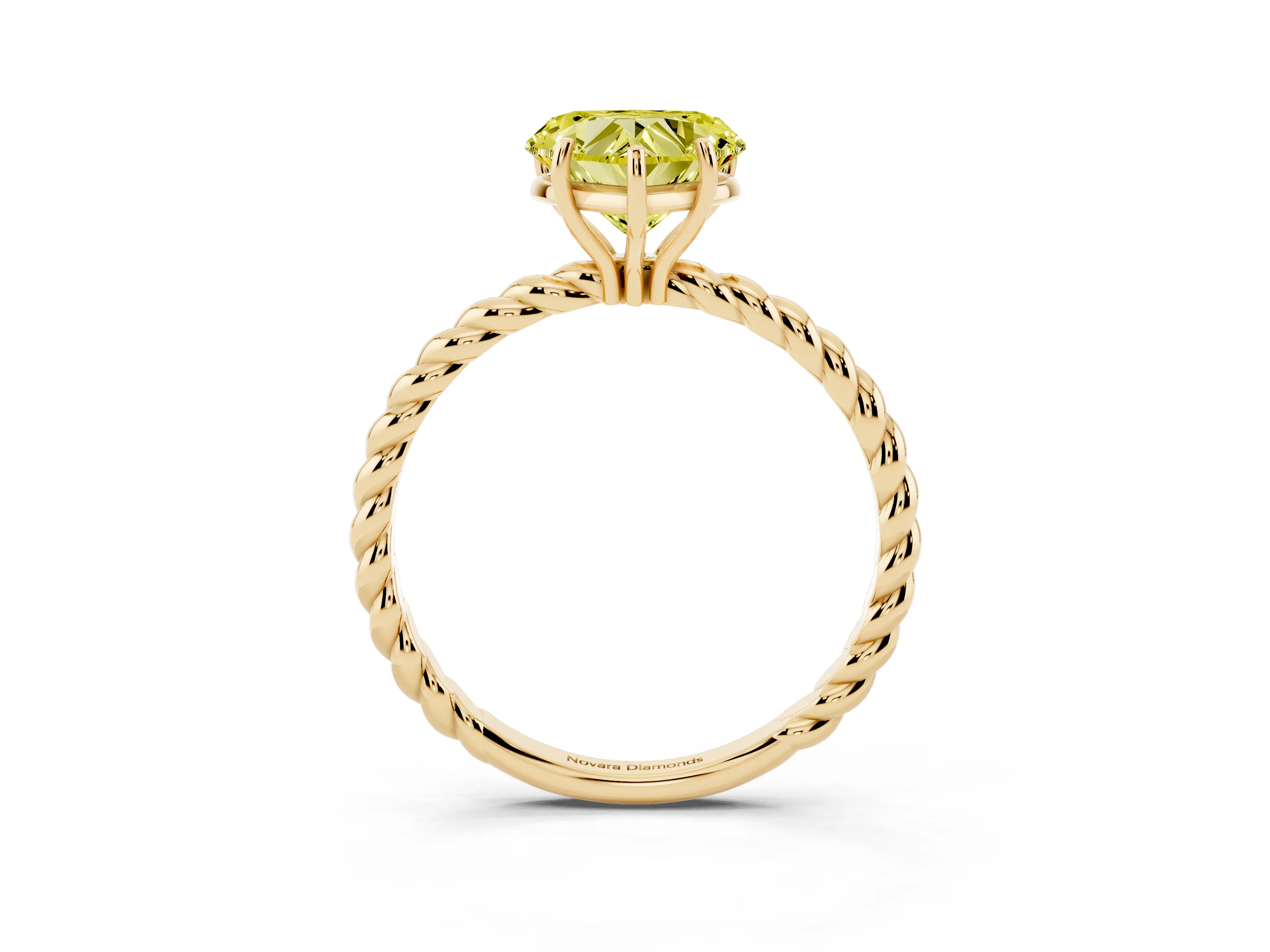 Fancy Yellow Heart Cut Diamond Solitaire Ring Set in Yellow gold with Twist Band and Prong Setting