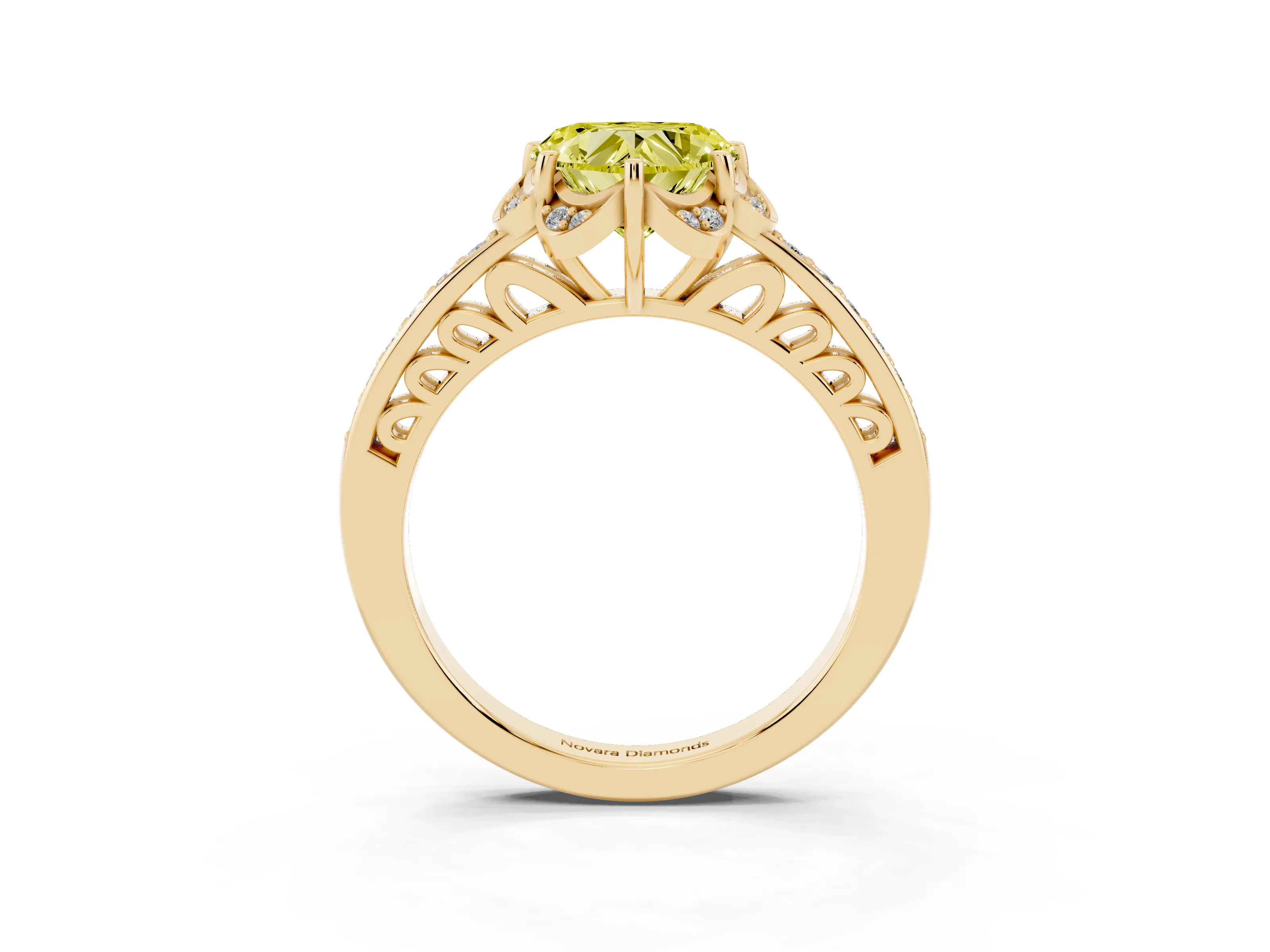 Fancy Yellow Heart Cut Diamond Halo Ring Set in Yellow gold with Channel Set Band and Prong Setting
