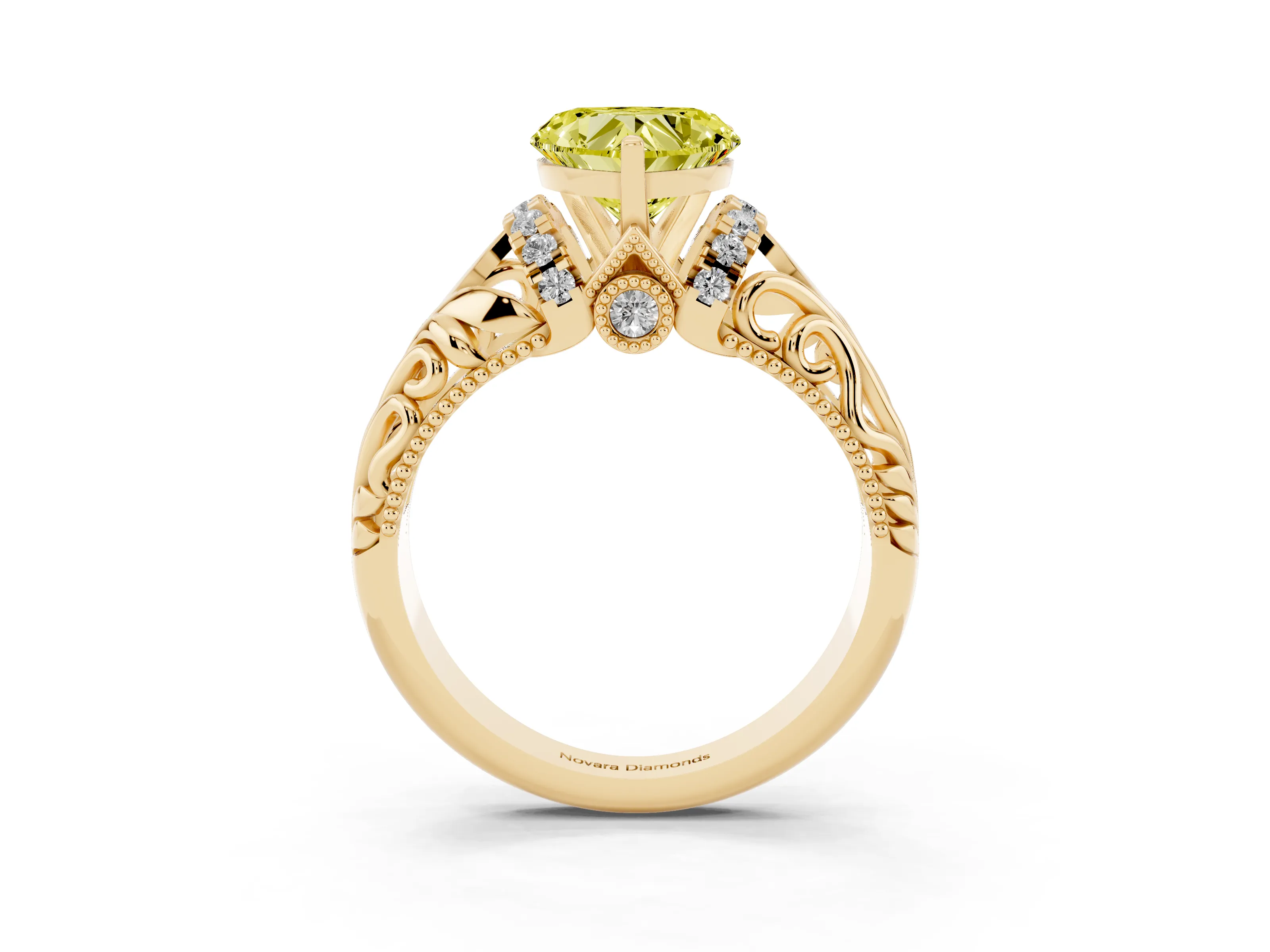Fancy Yellow Heart Cut Diamond Filigree Halo Engagement Ring Set in Yellow gold with Prong Setting