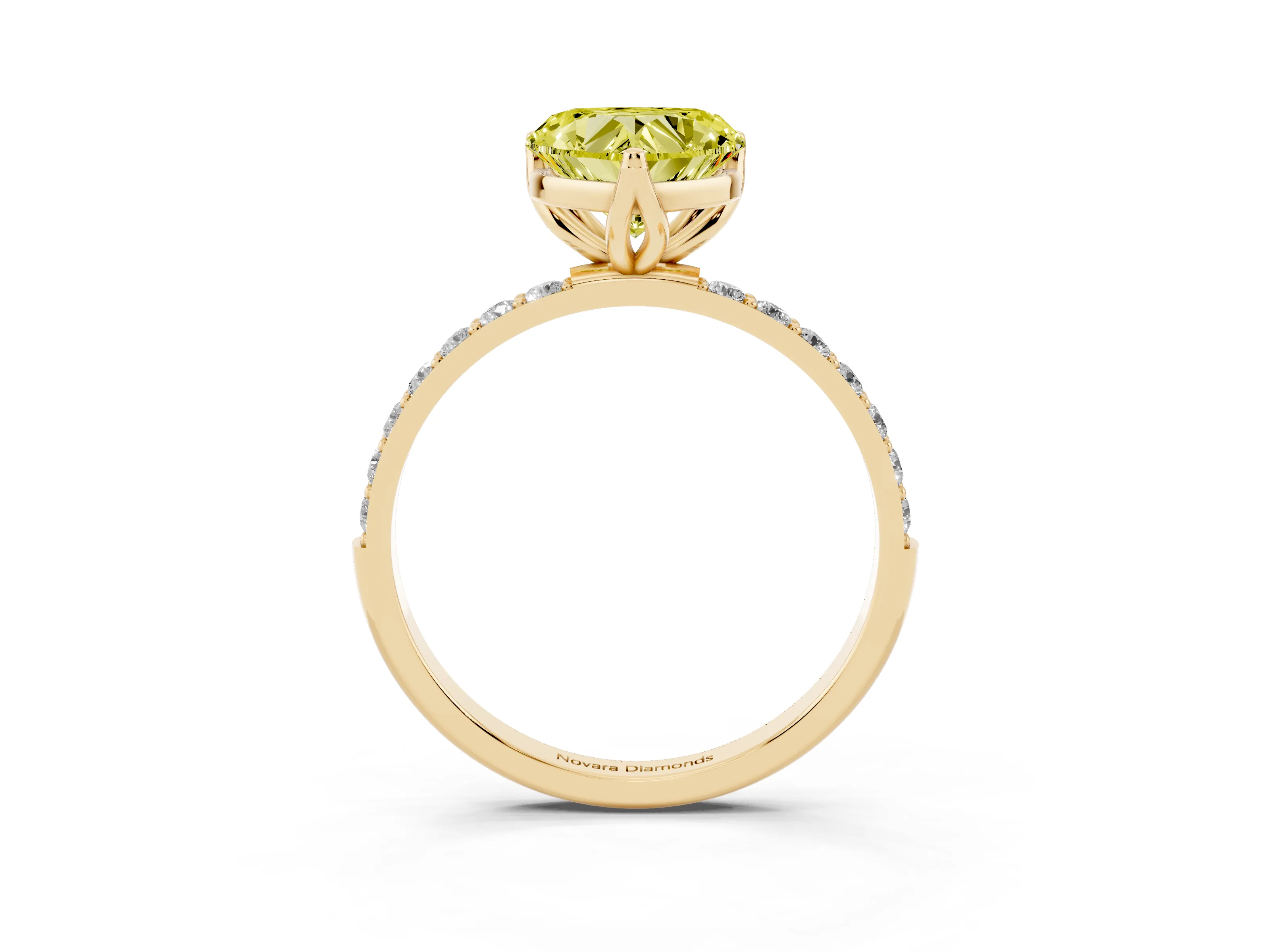 Fancy Yellow Heart Cut Diamond Solitaire Engagement Ring Set in Yellow gold with Round Pavé Band and Prong Setting