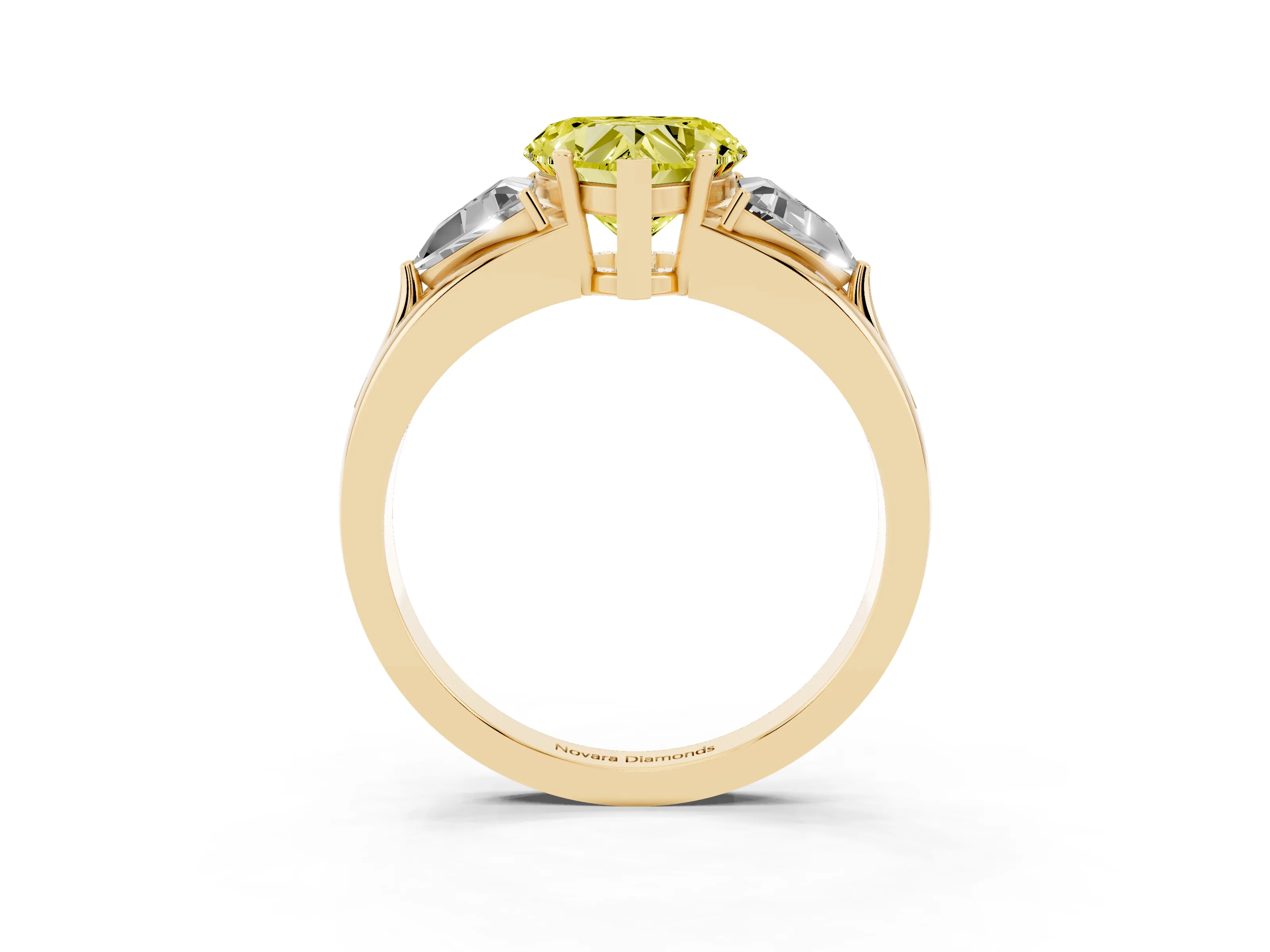 Fancy Yellow Heart Cut Diamond Three-Stone Ring Set in Yellow gold with Trillion Side Stones and Split Shank