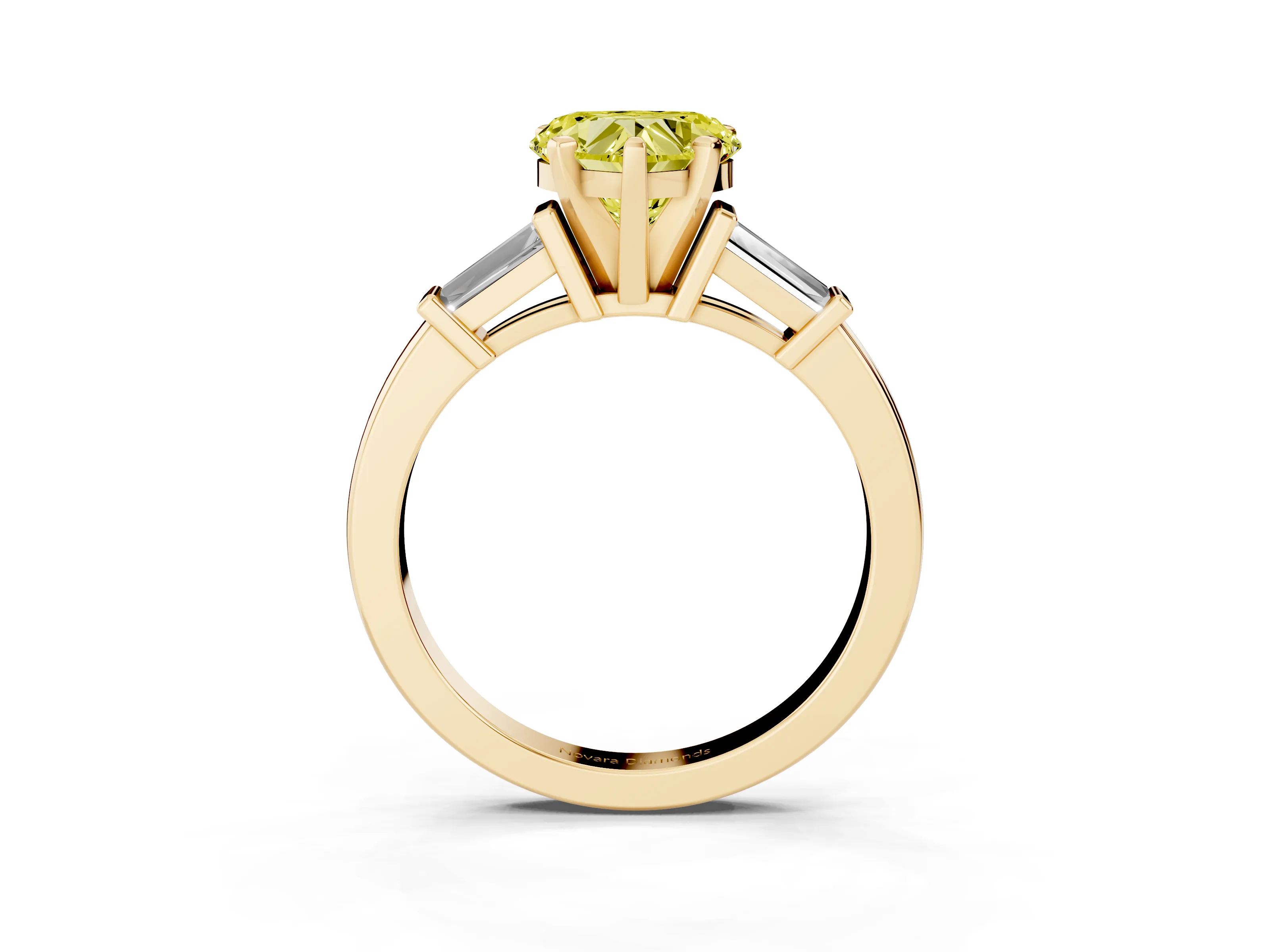 Fancy Yellow Heart Cut Diamond Solitaire Ring Set in Yellow gold with Tapered Baguette Accents and Prong Setting