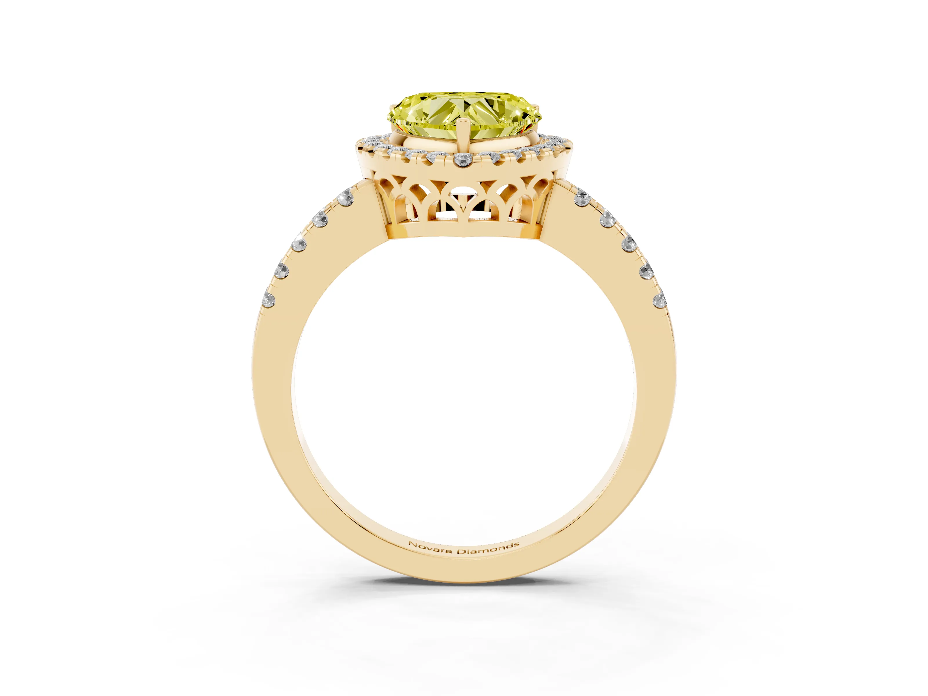 Fancy Yellow Heart Cut Diamond Pavé Band Halo Engagement Ring Set in Yellow gold with Prong Setting
