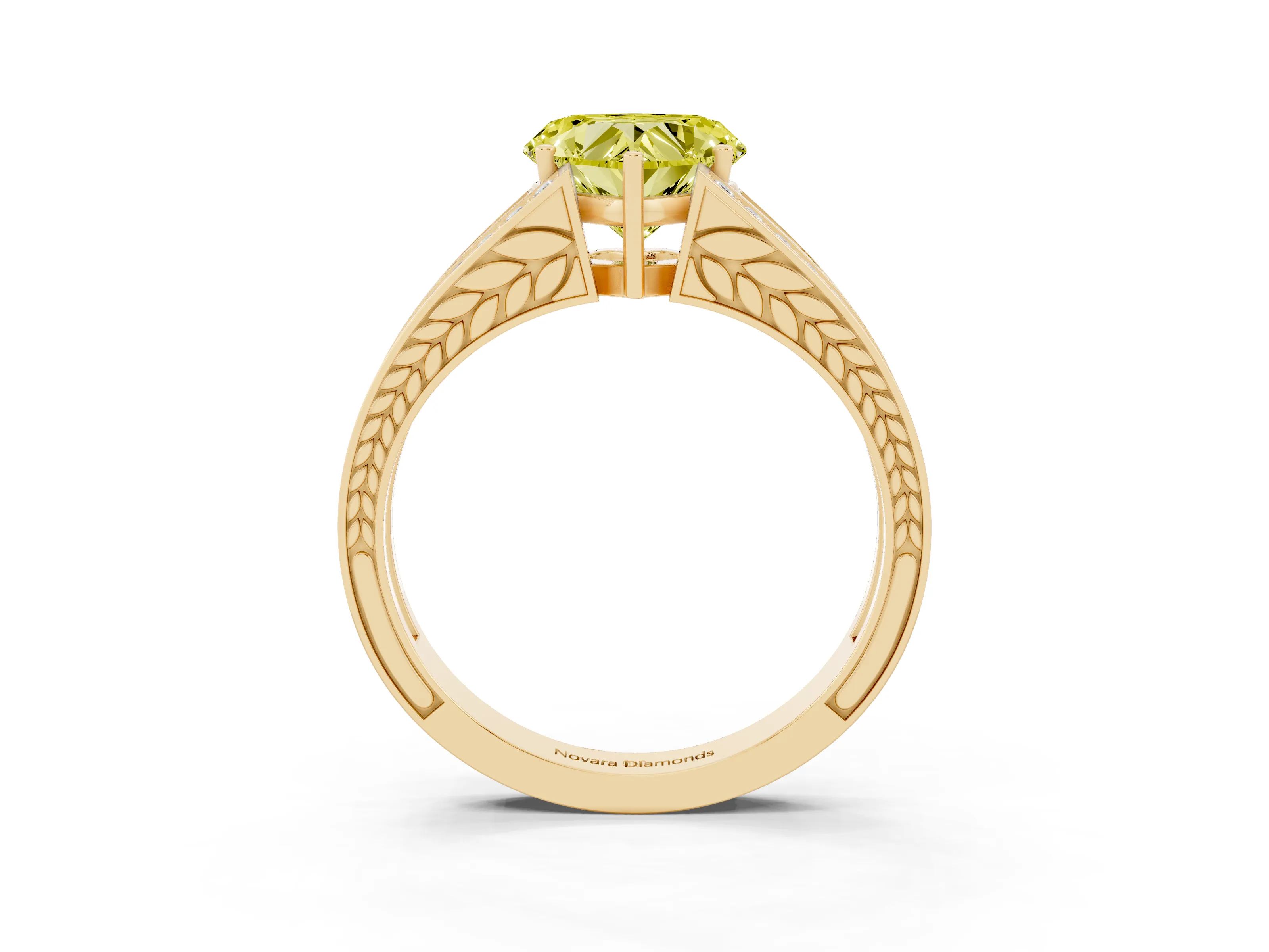 Fancy Yellow Heart Cut Diamond Split Shank Ring Set in Yellow gold with Pavé Band and Prong Setting