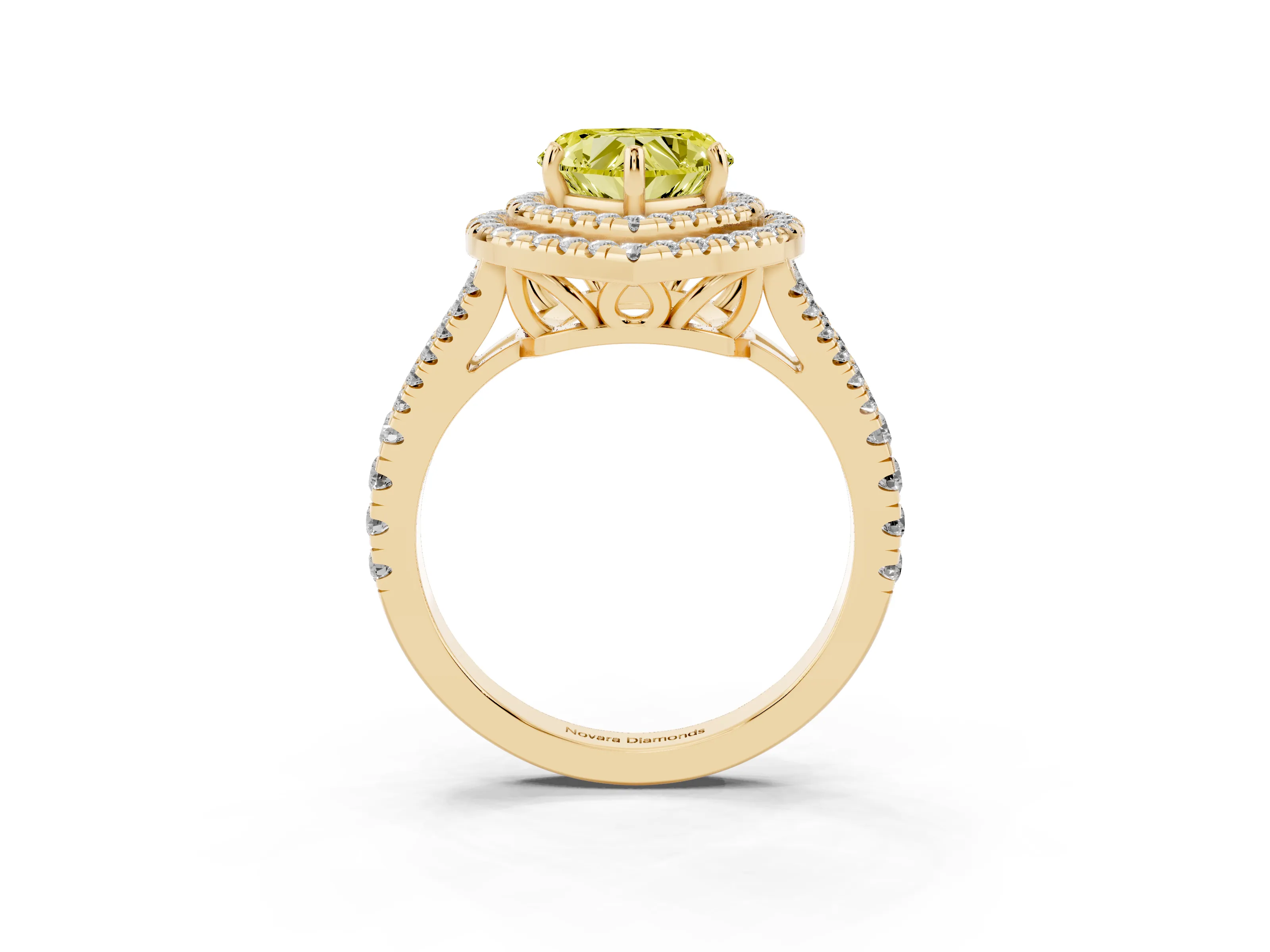 Fancy Yellow Heart Cut Diamond Double Halo Ring Set in Yellow gold with Pavé Band