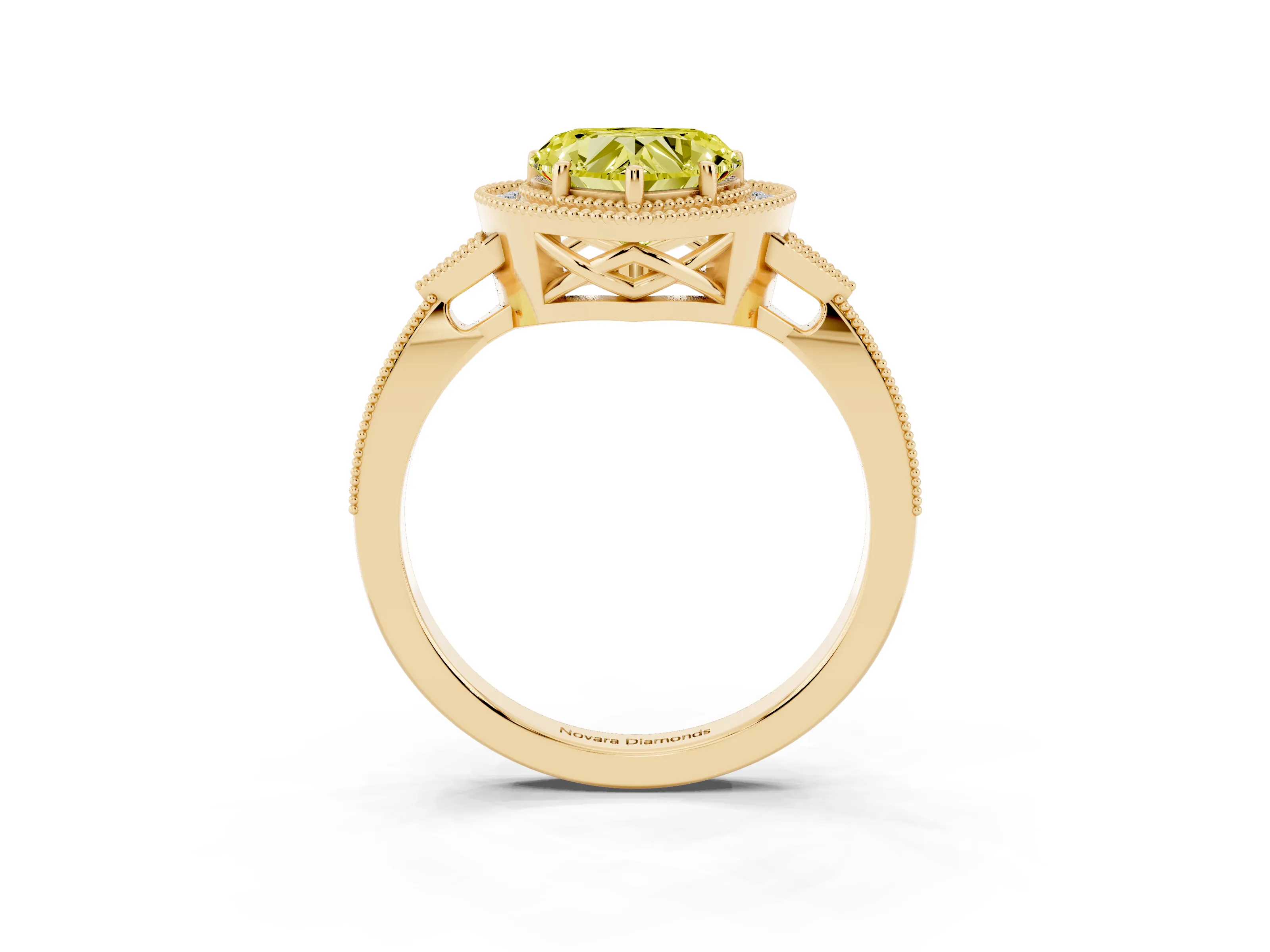 Fancy Yellow Heart Cut Diamond Halo Engagement Ring Set in Yellow gold with Milgrain Pavé Band