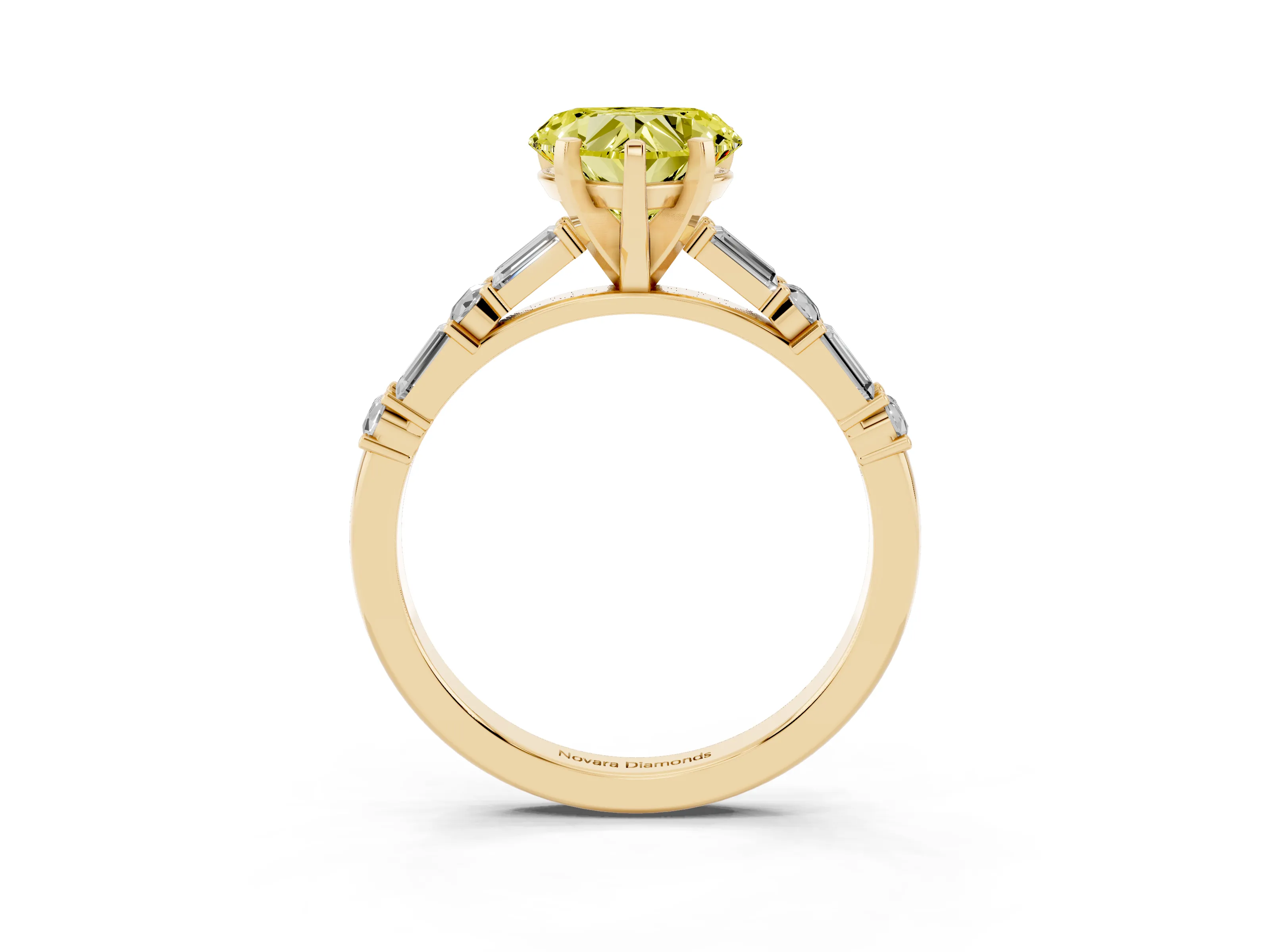 Fancy Yellow Heart Cut Diamond Solitaire Set in Yellow gold with Side Baguettes and Channel Set Band