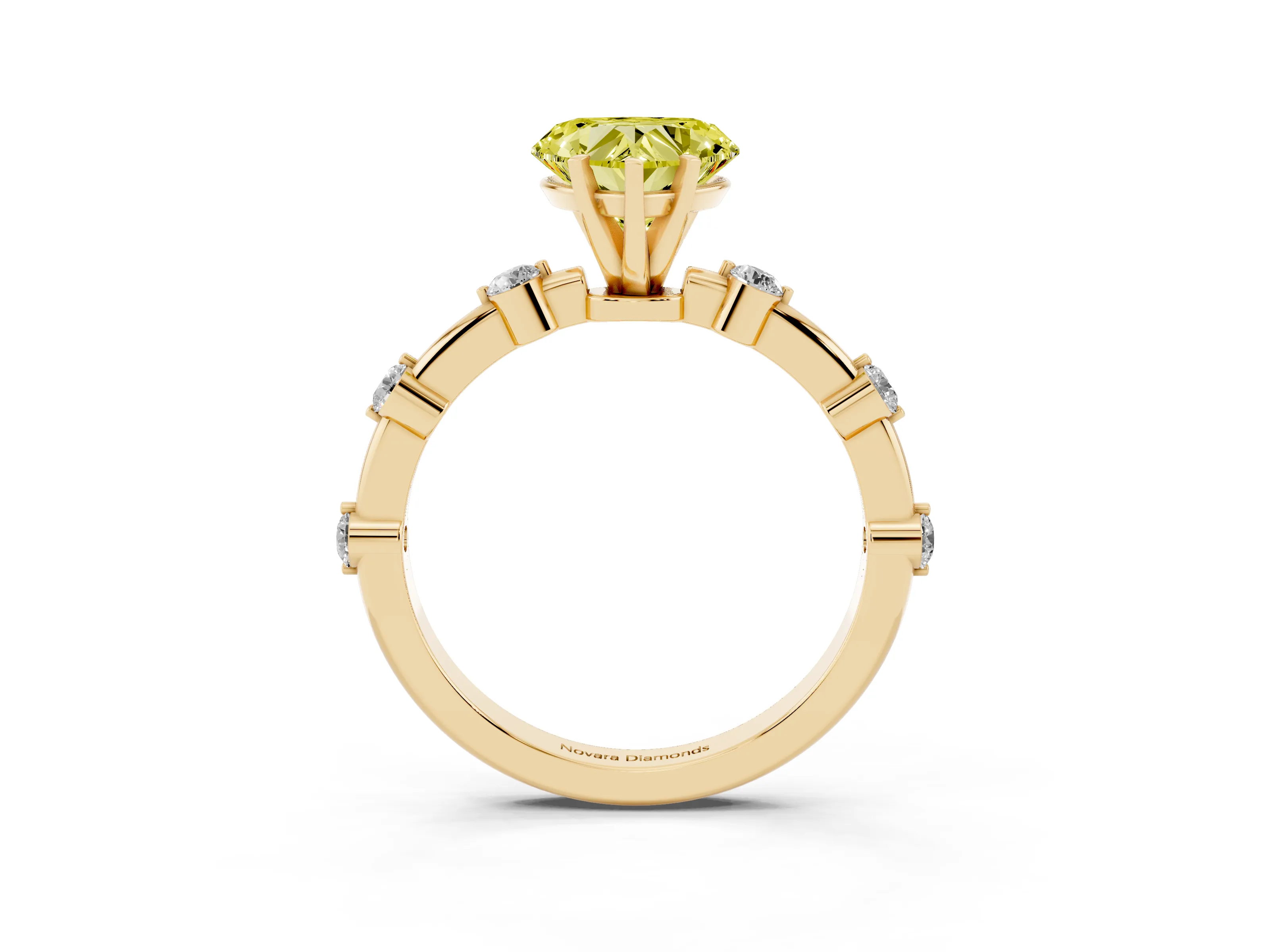 Fancy Yellow Heart Cut Diamond Solitaire Ring Set in Yellow gold with Bezel Set Side Stones and Prong Setting