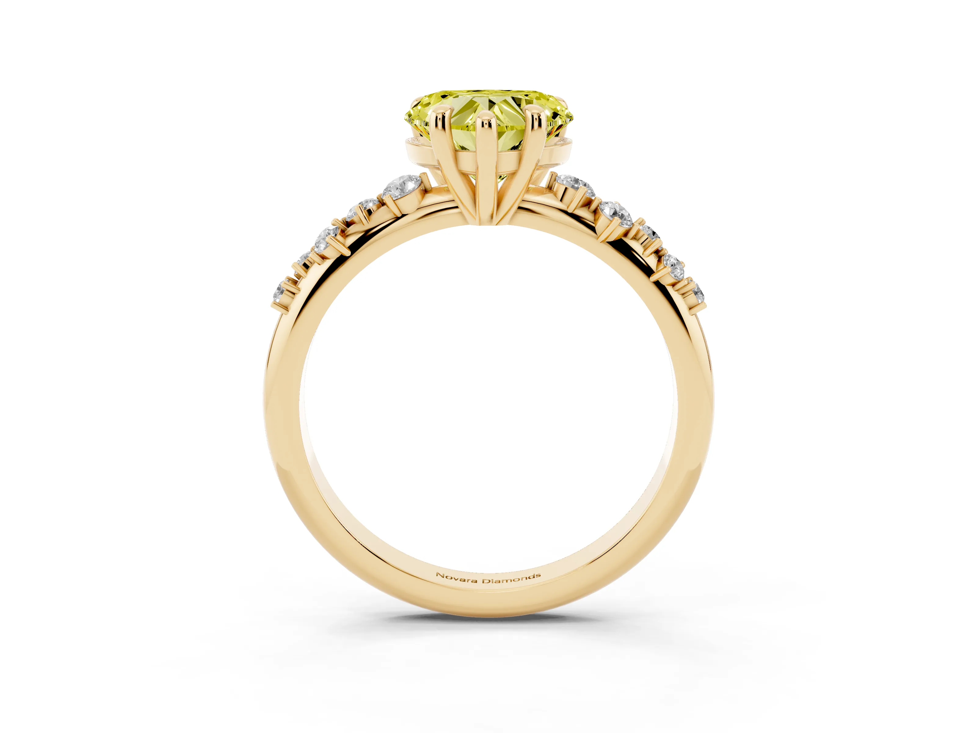 Fancy Yellow Heart Cut Diamond Solitaire Vine Band Ring Set in Yellow gold with Round Accents and Prong Setting
