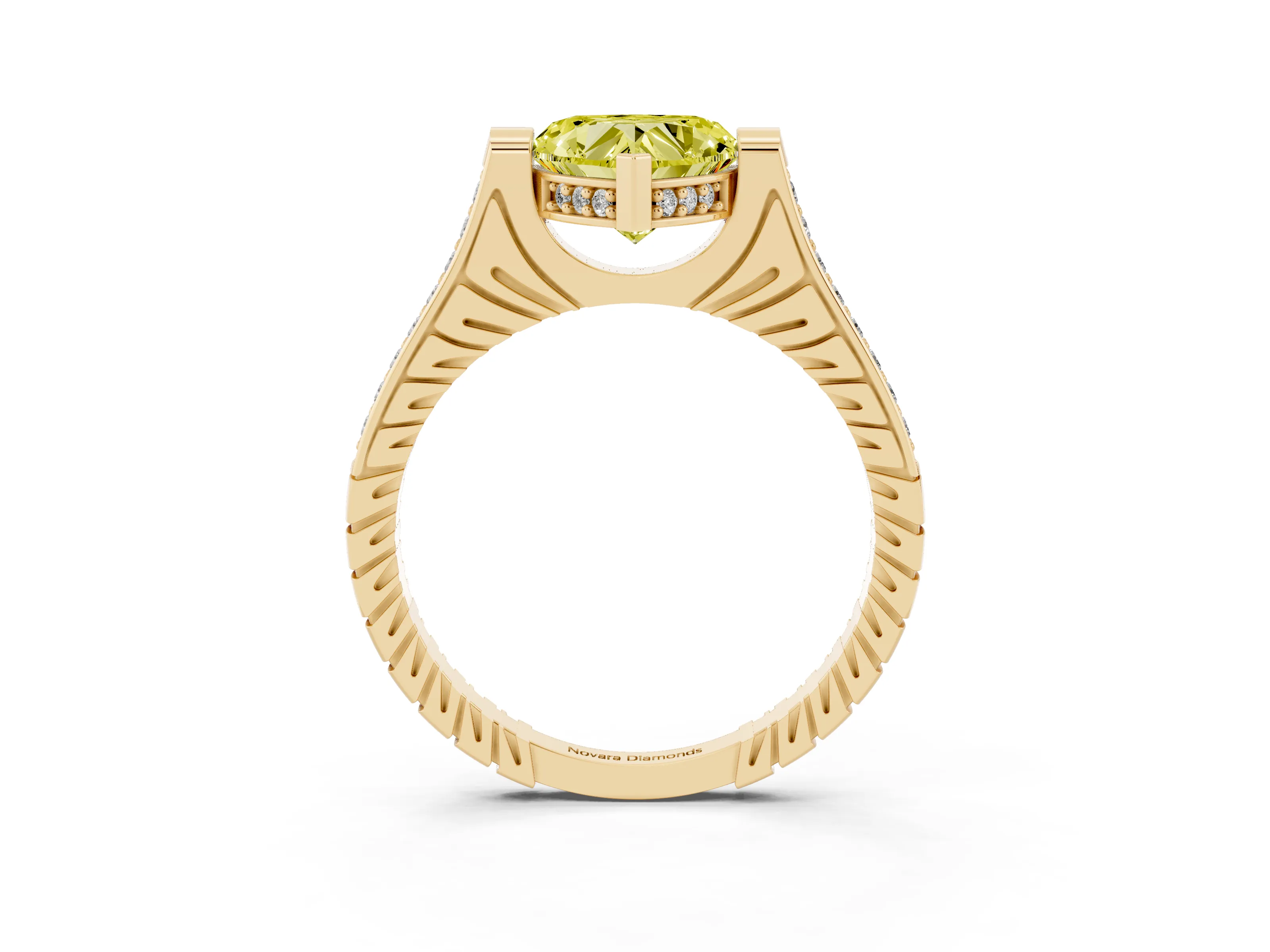 Fancy Yellow Heart Cut Diamond Solitaire Ring Set in Yellow gold with Channel Set Band and Bezel Prong Setting