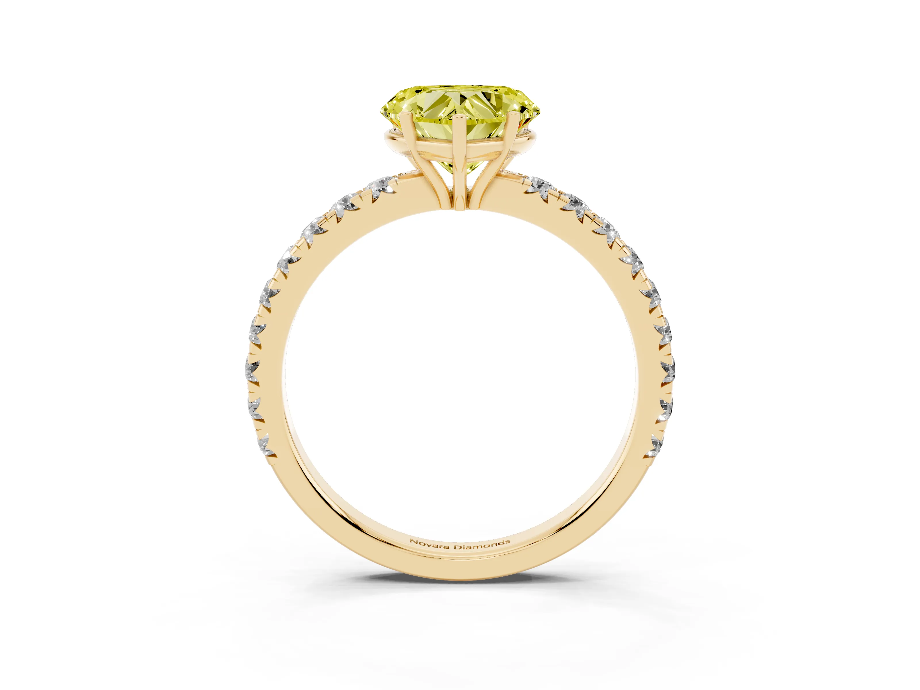 Fancy Yellow Heart Cut Diamond Pavé Solitaire Engagement Ring Set in Yellow gold with Prong Setting
