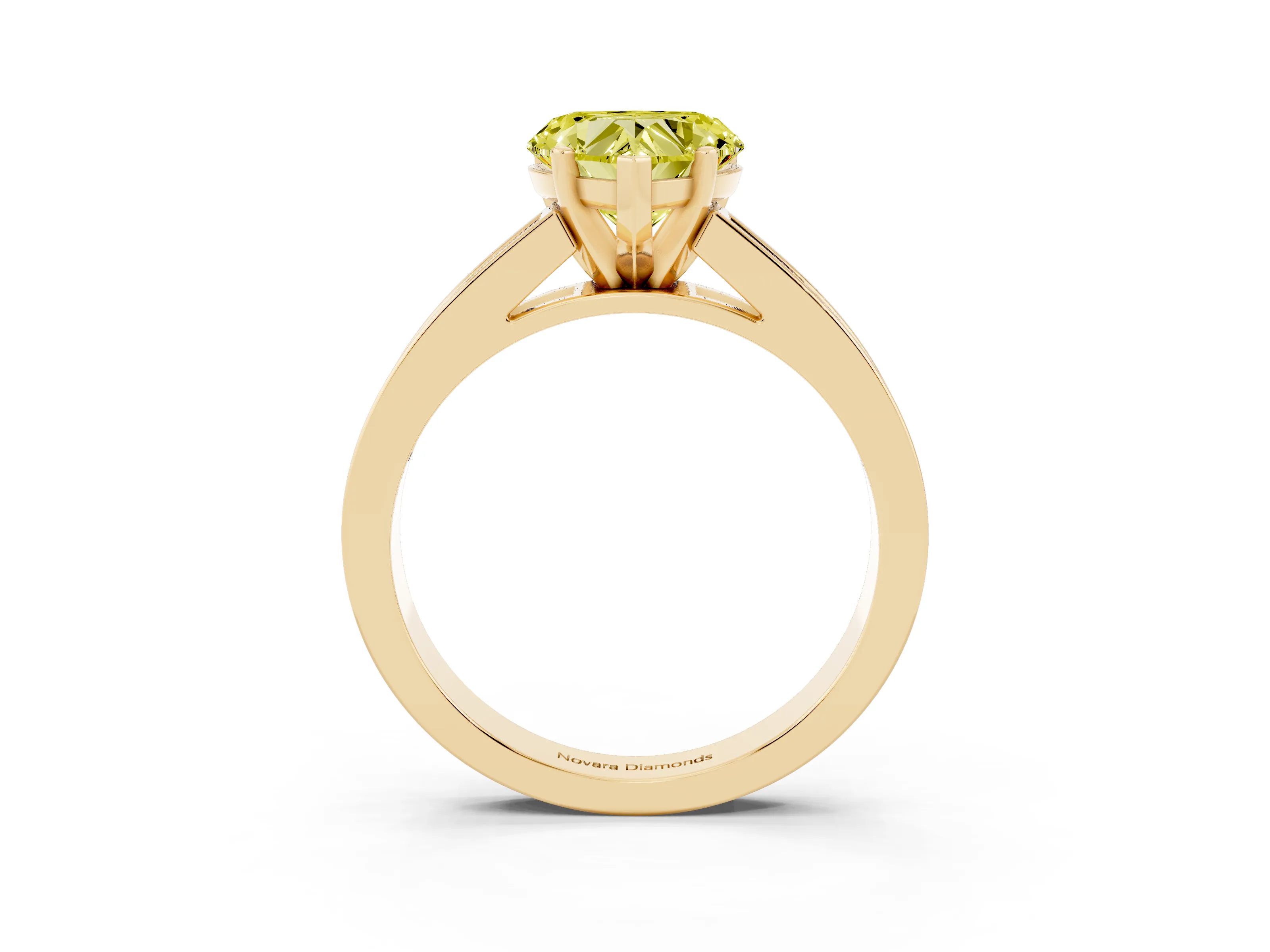 Fancy Yellow Heart Cut Diamond Solitaire Ring Set in Yellow gold with Channel-Set Band and Prong Setting