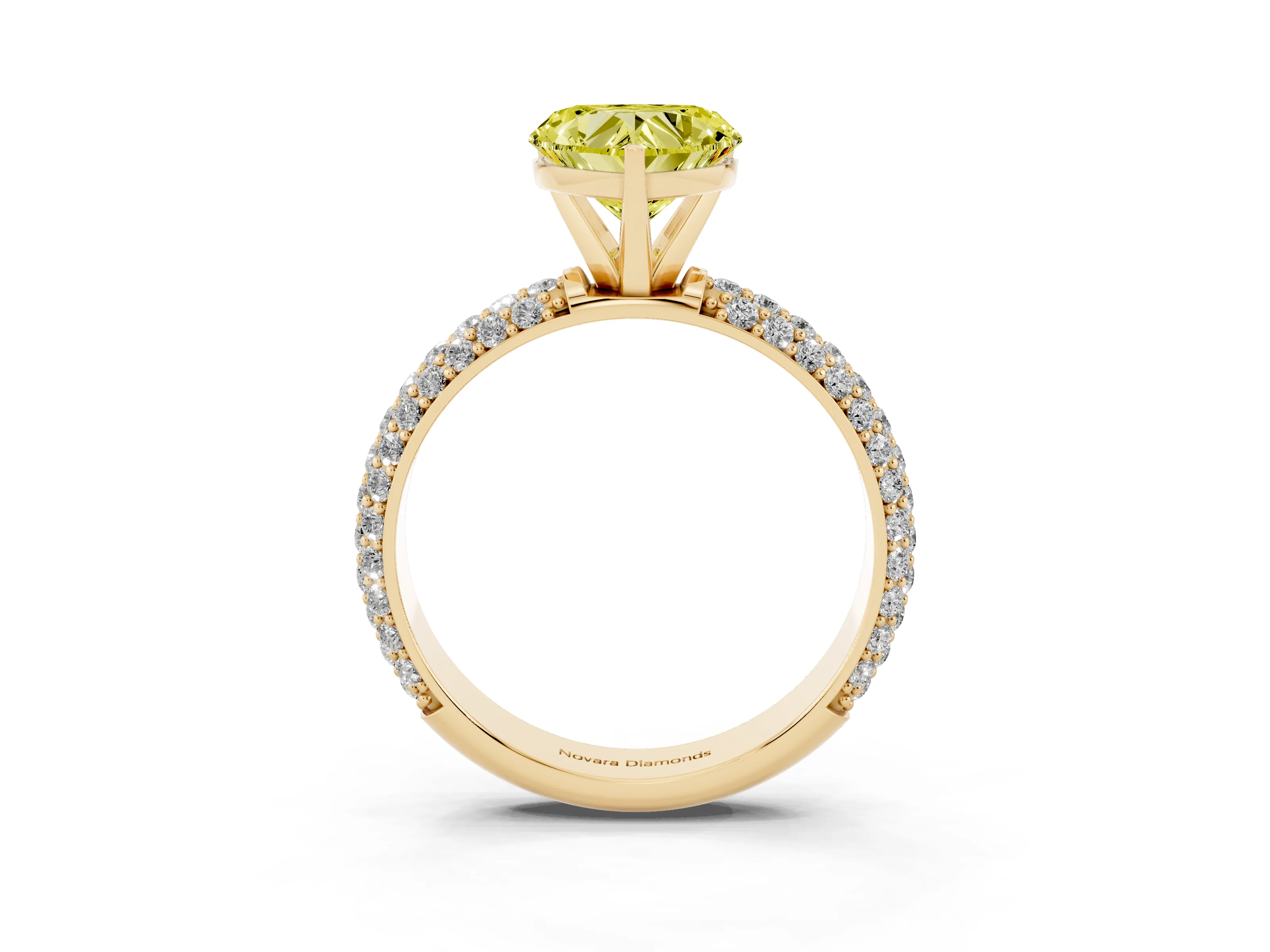 Fancy Yellow Heart Cut Diamond Solitaire Ring Set in Yellow gold with Prong Setting and Pavé-Set Band