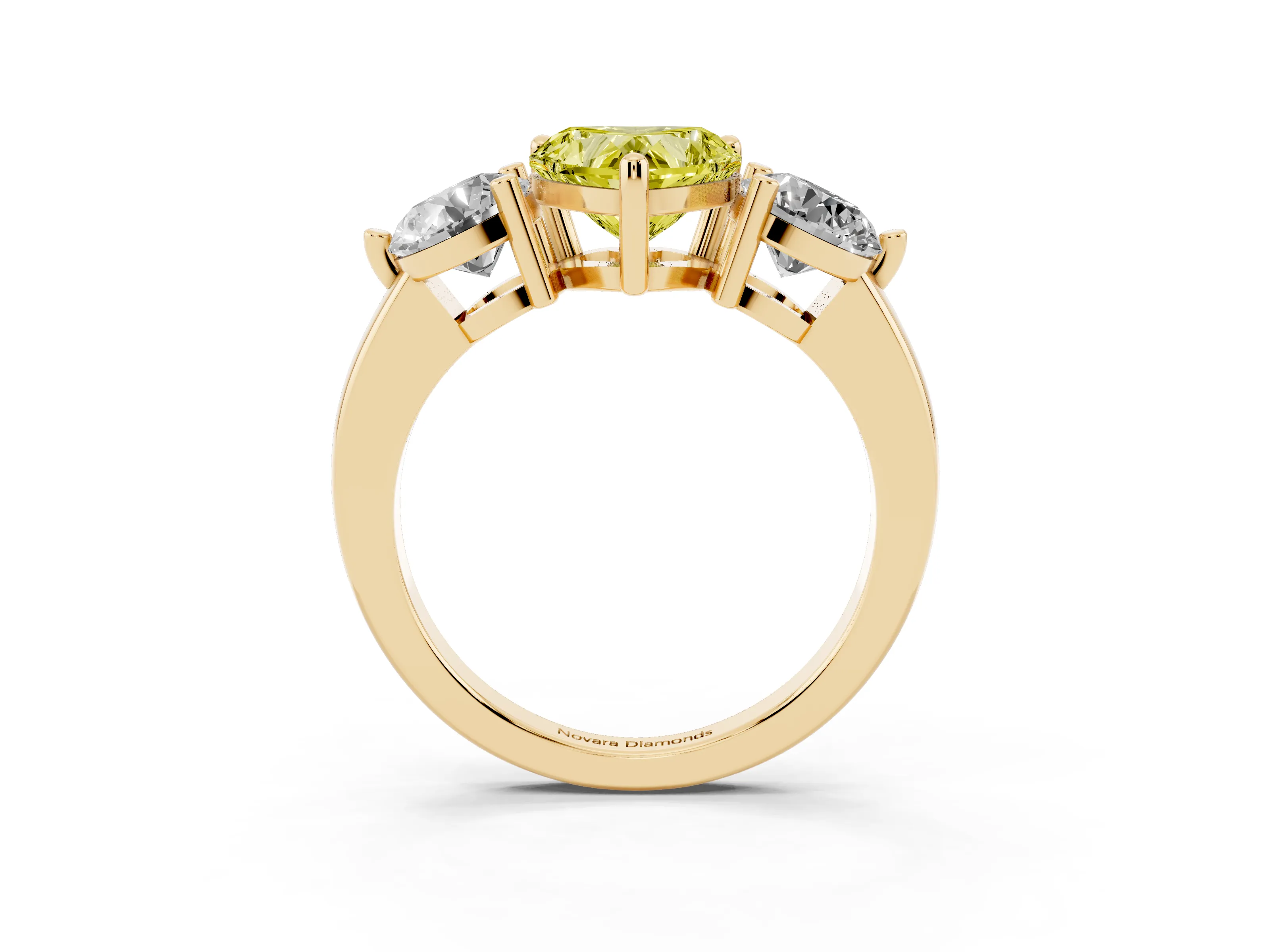 Fancy Yellow Heart Cut Diamond Three-Stone Ring Set in Yellow gold with Prong Setting and Classic Band