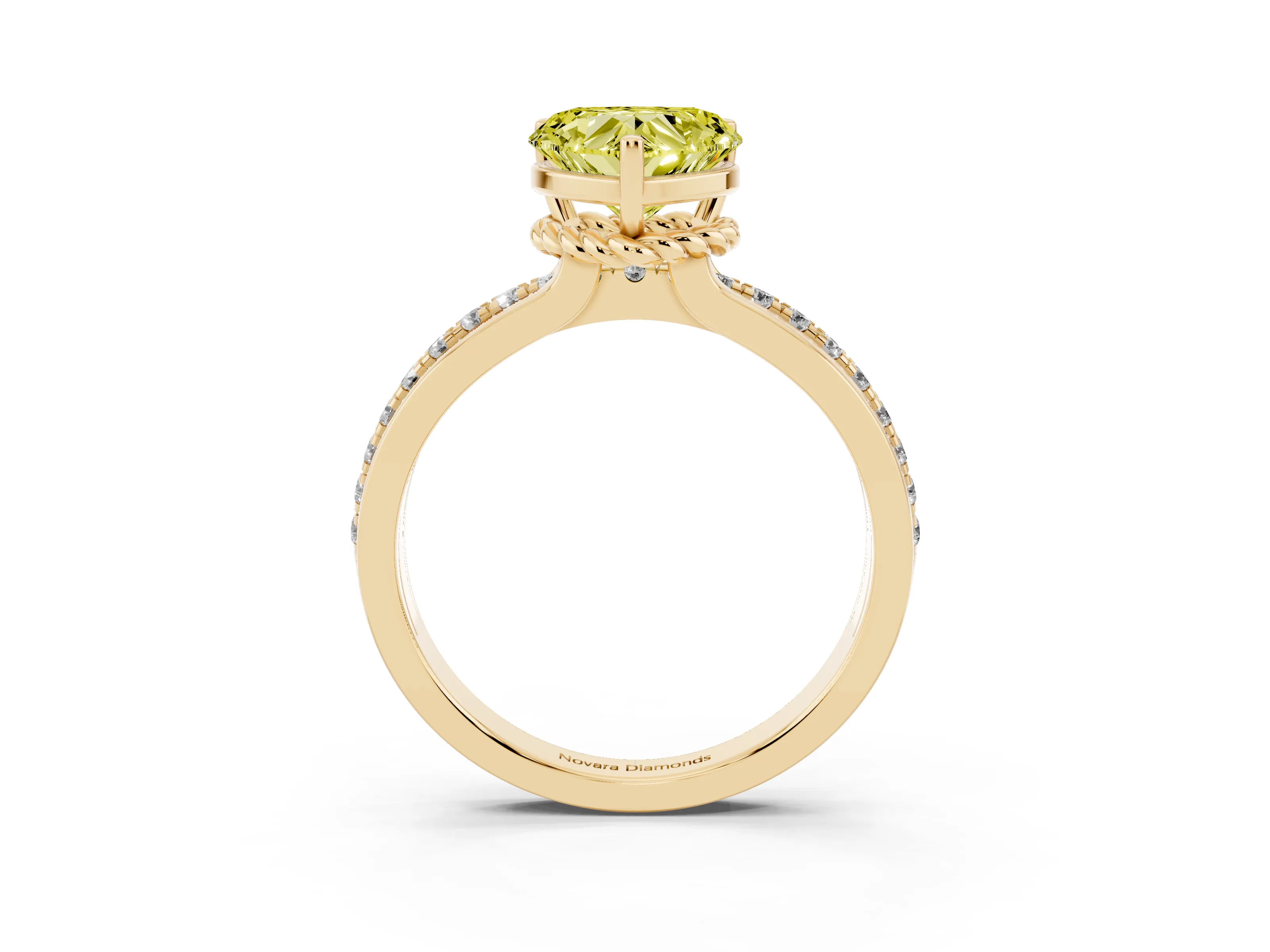 Fancy Yellow Heart Cut Diamond Solitaire Ring Set in Yellow gold with Channel Set Band and Prong Setting