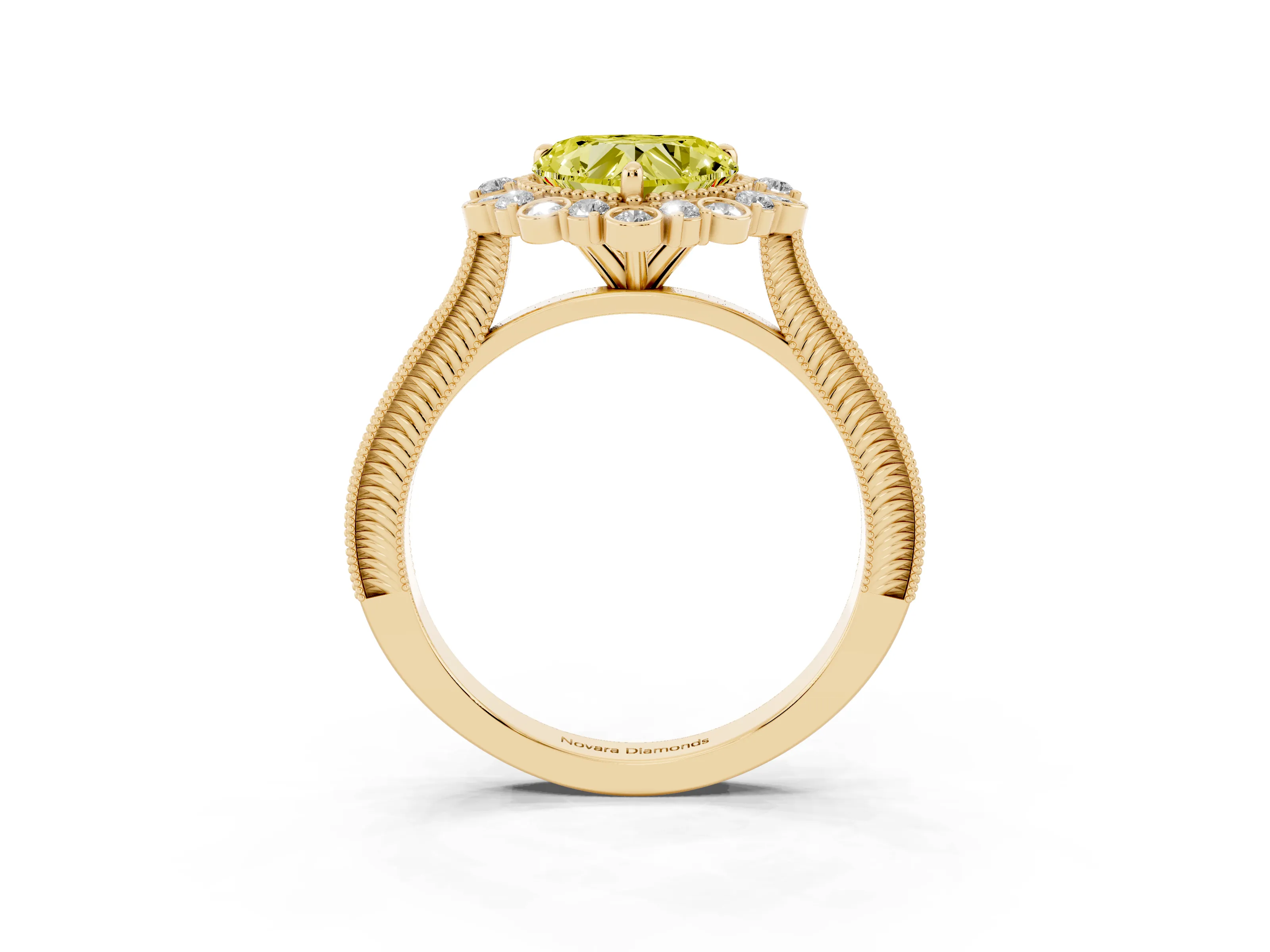 Fancy Yellow Heart Cut Diamond Halo Milgrain Pavé Ring Set in Yellow gold with Prong Setting