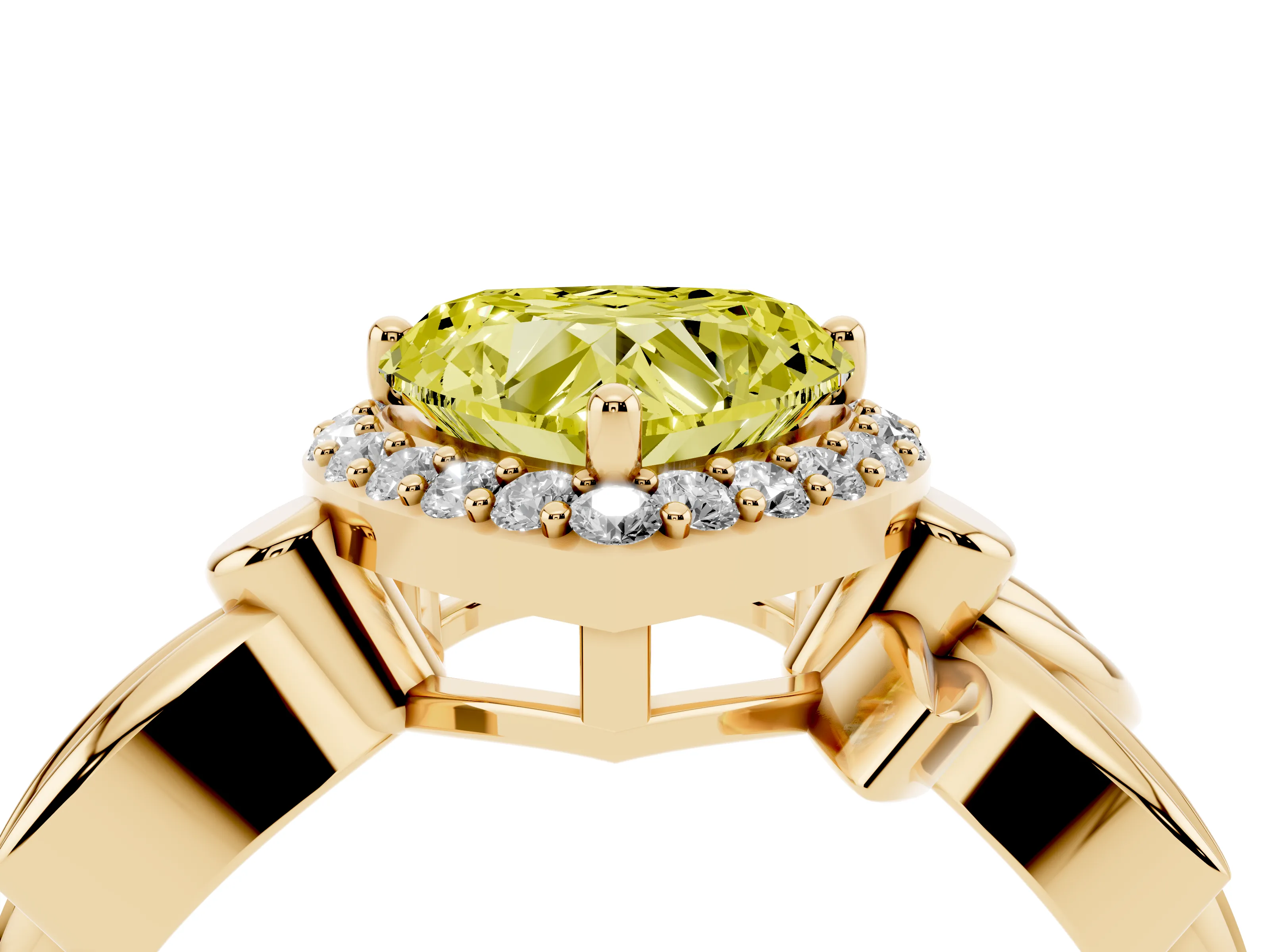 Fancy Yellow Heart Cut Diamond Halo Floral Band Ring Set in Yellow gold with Prong Setting