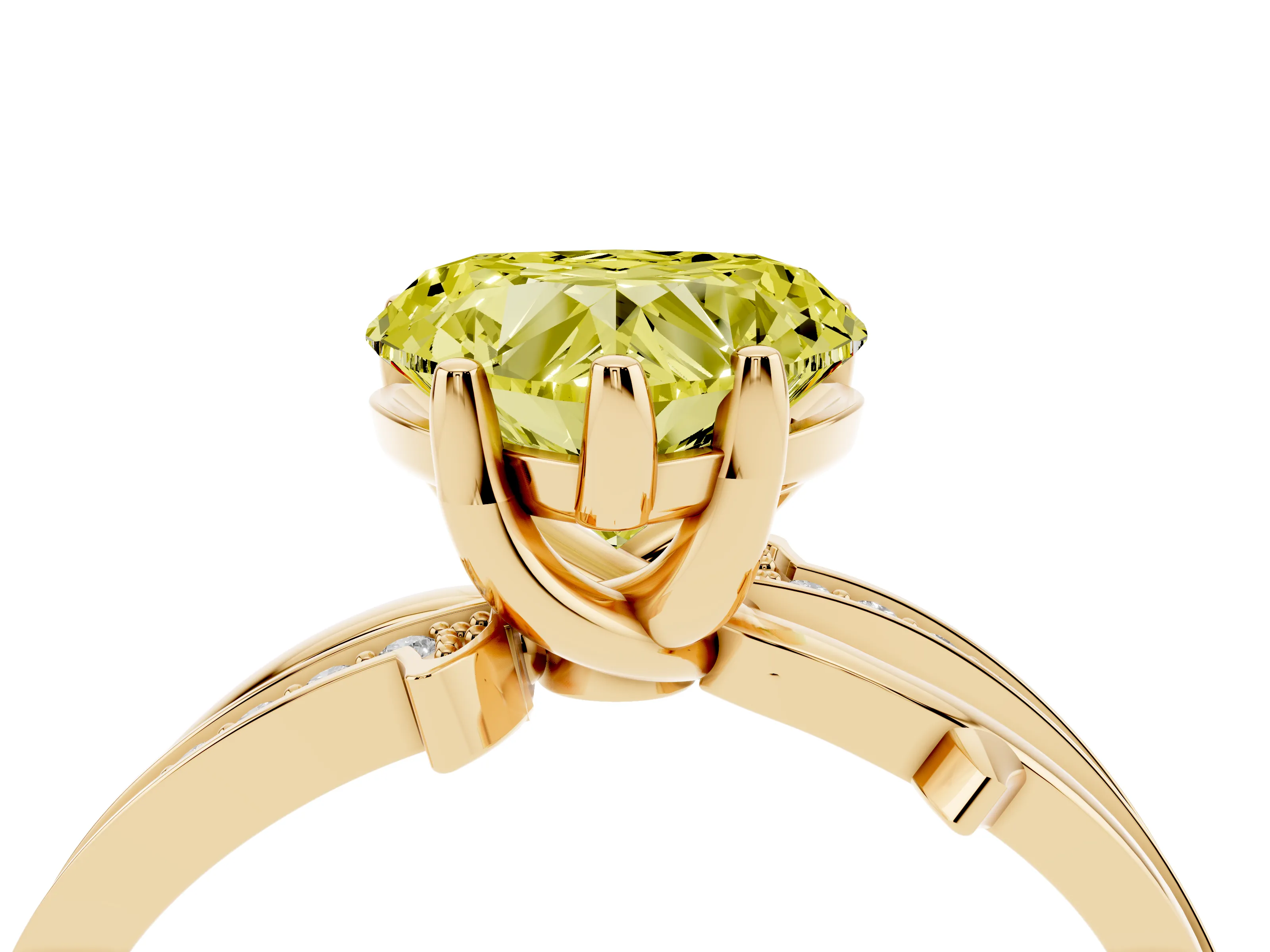Fancy Yellow Heart Cut Diamond Pavé Twist Band Solitaire Ring Set in Yellow gold with Prong Setting