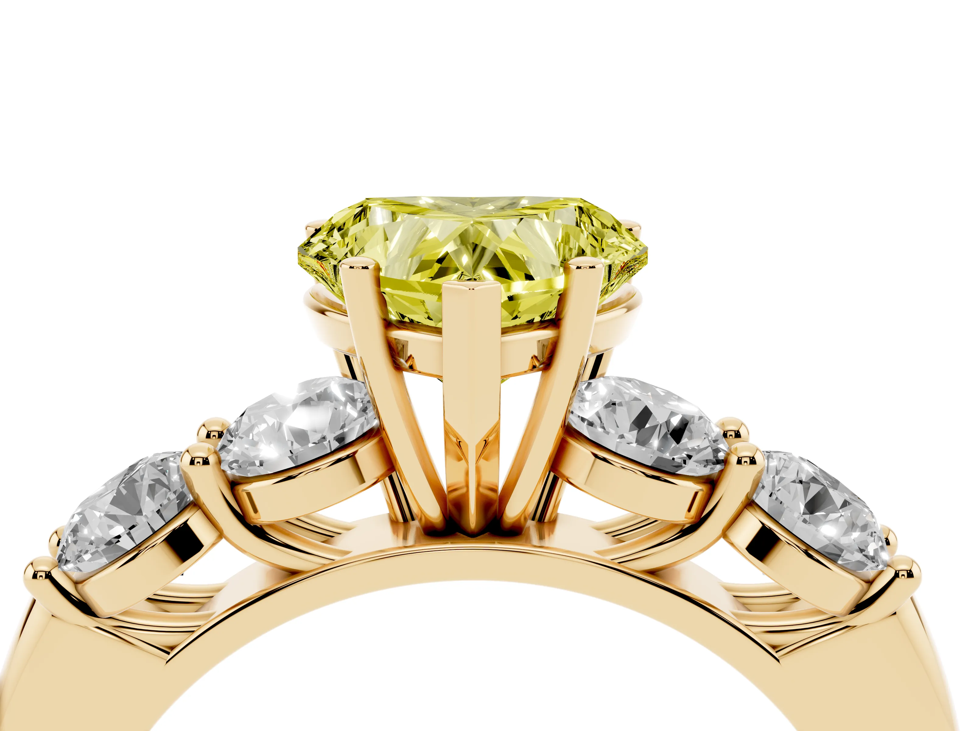 Fancy Yellow Heart Cut Diamond Five-Stone Prong Set Ring Set in Yellow gold with Classic Band