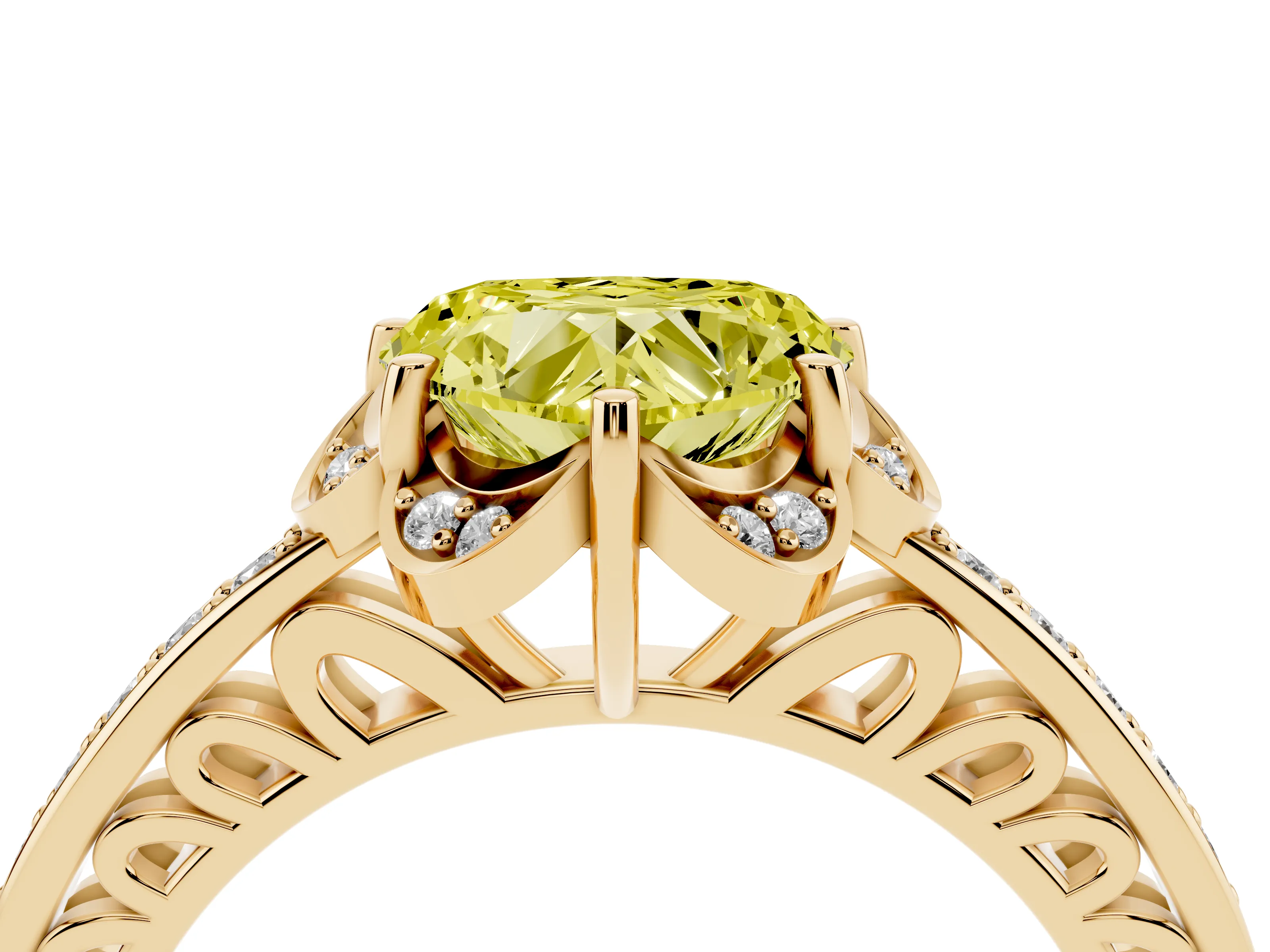 Fancy Yellow Heart Cut Diamond Halo Ring Set in Yellow gold with Channel Set Band and Prong Setting