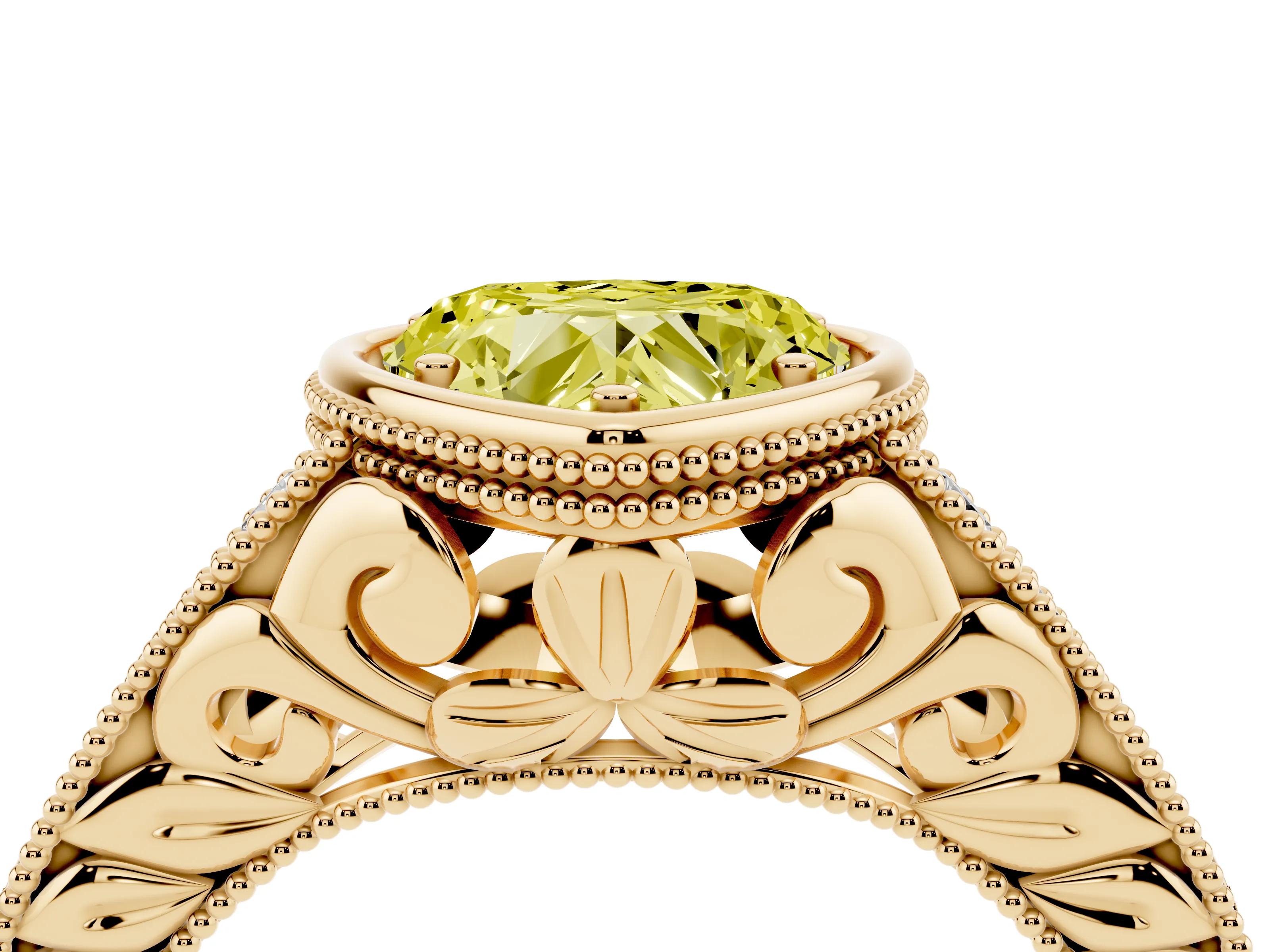 Fancy Yellow Bezel Set Heart Cut Diamond Milgrain Pavé Engagement Ring Set in Yellow gold
