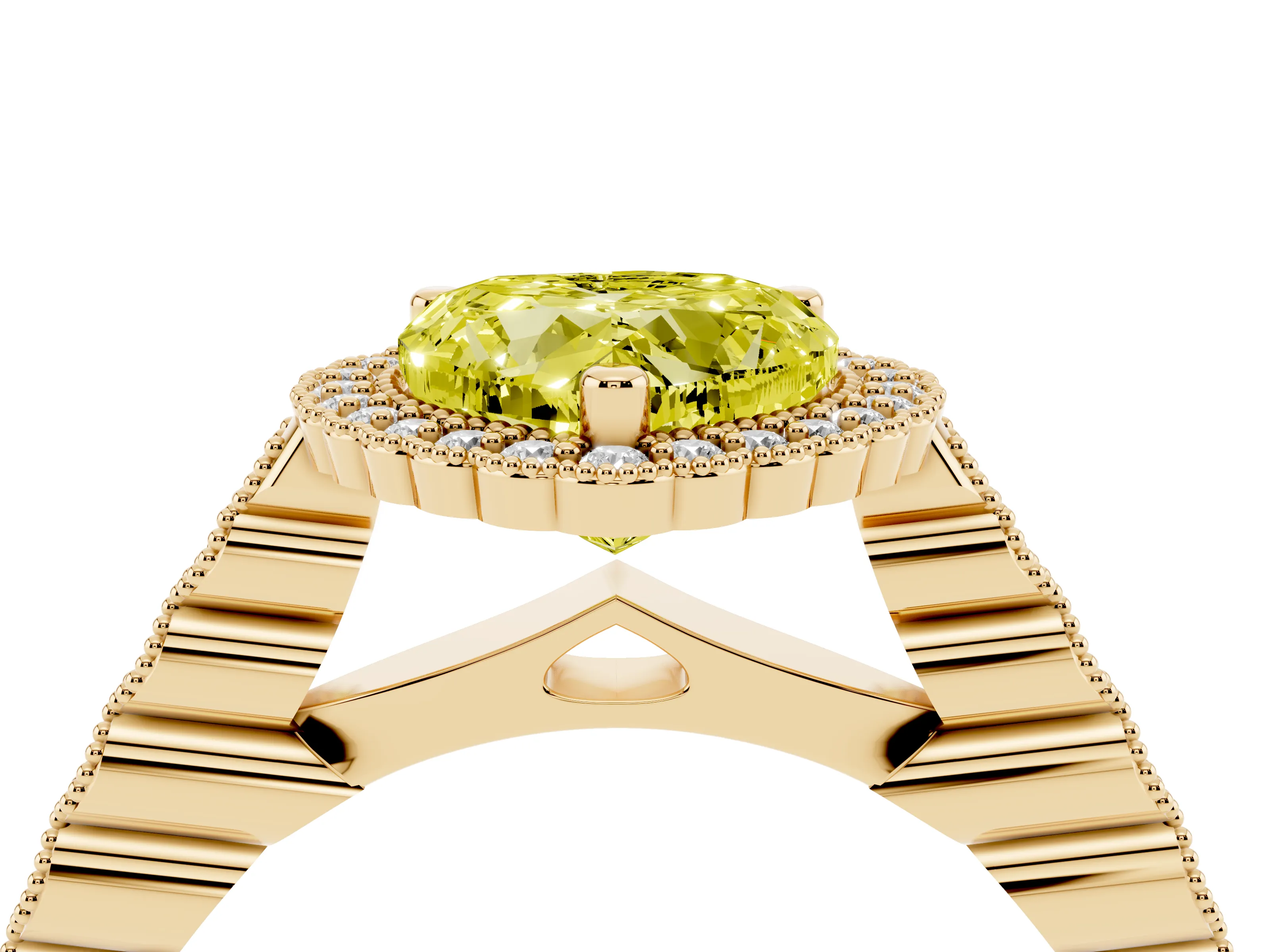 Fancy Yellow Heart Cut Diamond Halo Ring Set in Yellow gold with Pavé Milgrain Band