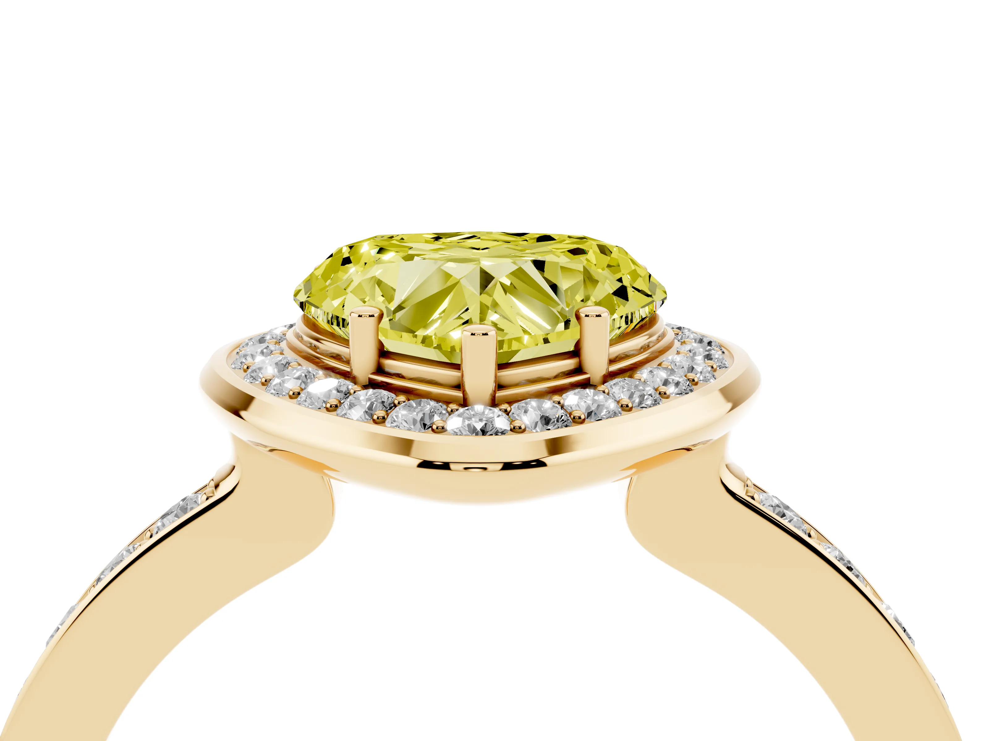 Fancy Yellow Heart Cut Diamond Halo Ring Set in Yellow gold with Bezel Frame and Pavé Band