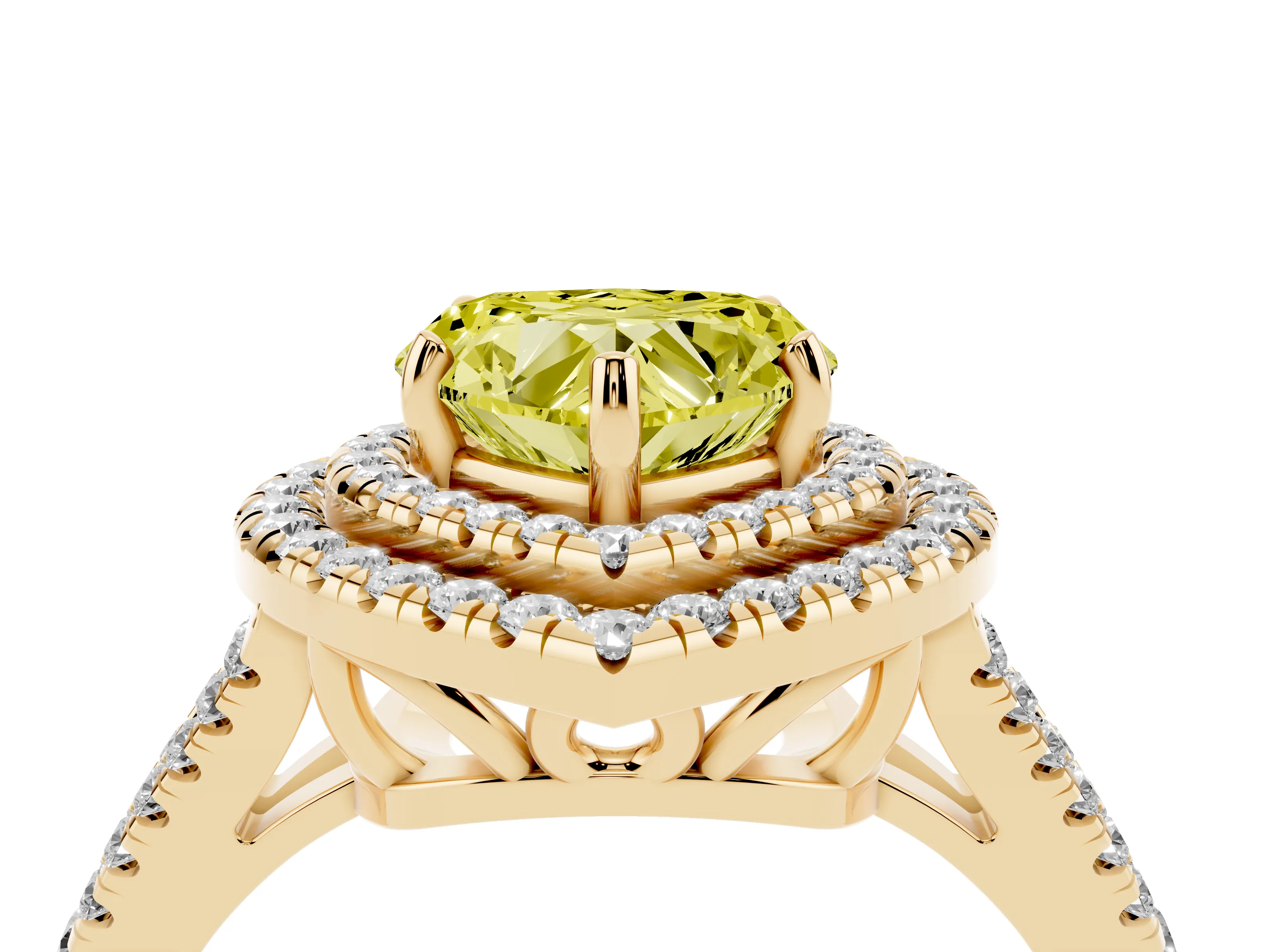 Fancy Yellow Heart Cut Diamond Double Halo Ring Set in Yellow gold with Pavé Band