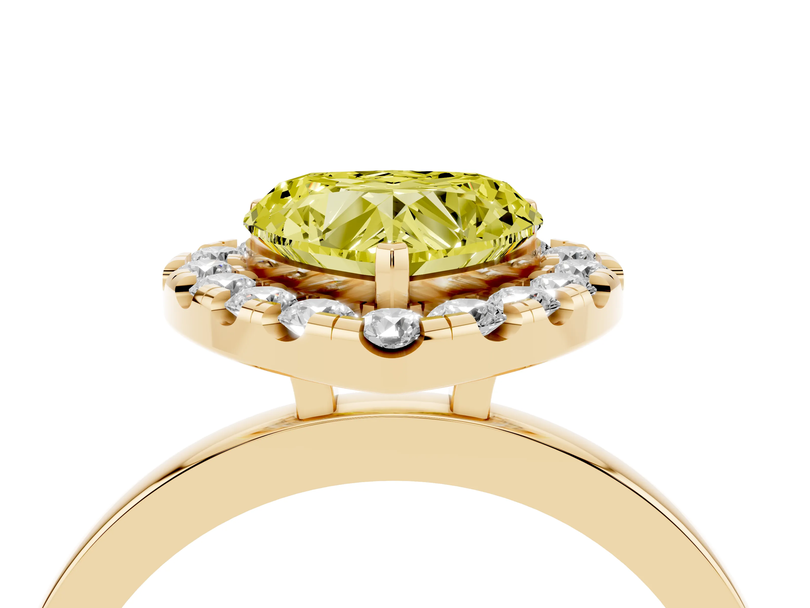 Fancy Yellow Heart Cut Diamond Halo Solitaire Ring Set in Yellow gold with Pavé Band and Prong Setting