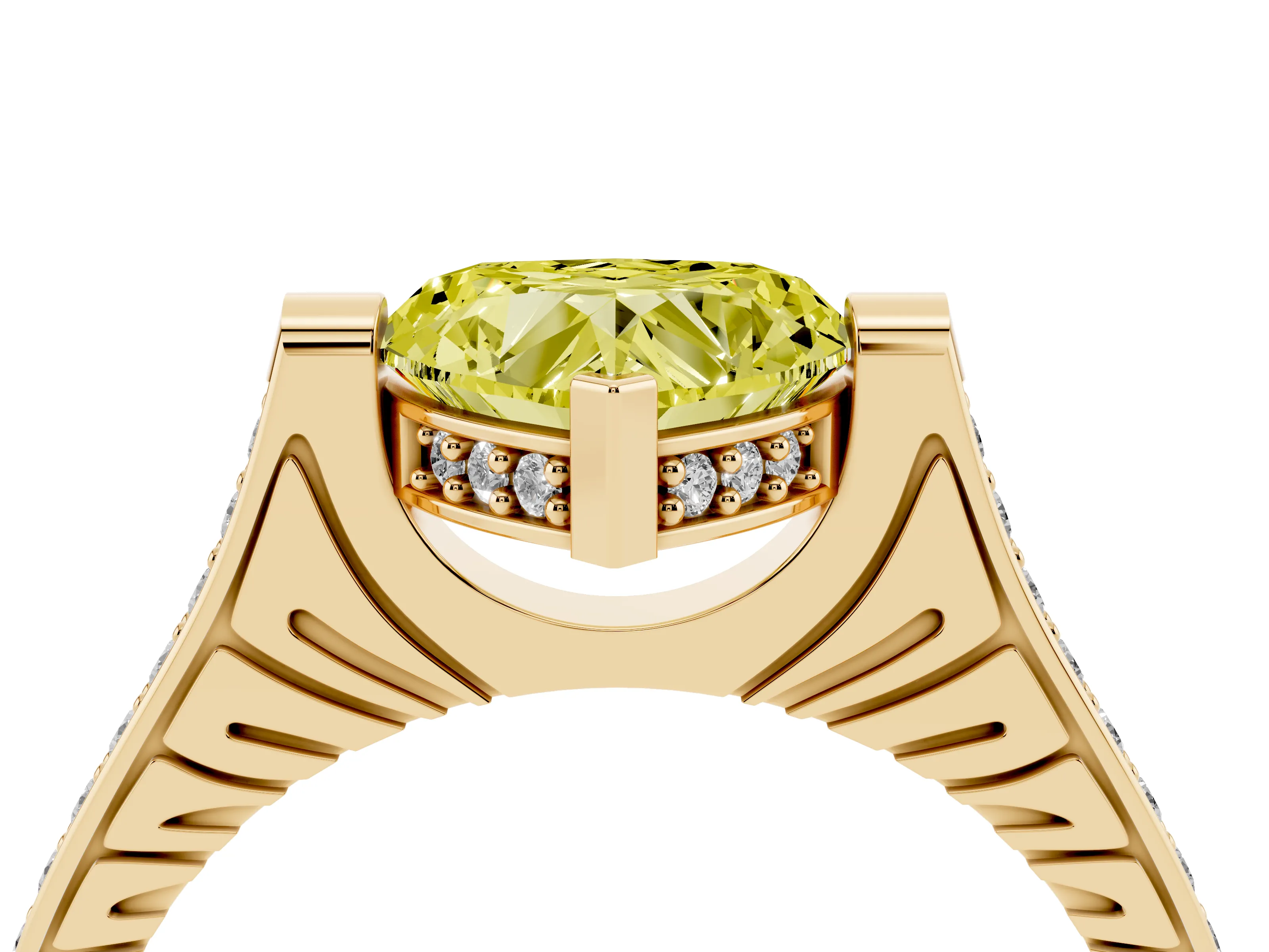 Fancy Yellow Heart Cut Diamond Solitaire Ring Set in Yellow gold with Channel Set Band and Bezel Prong Setting
