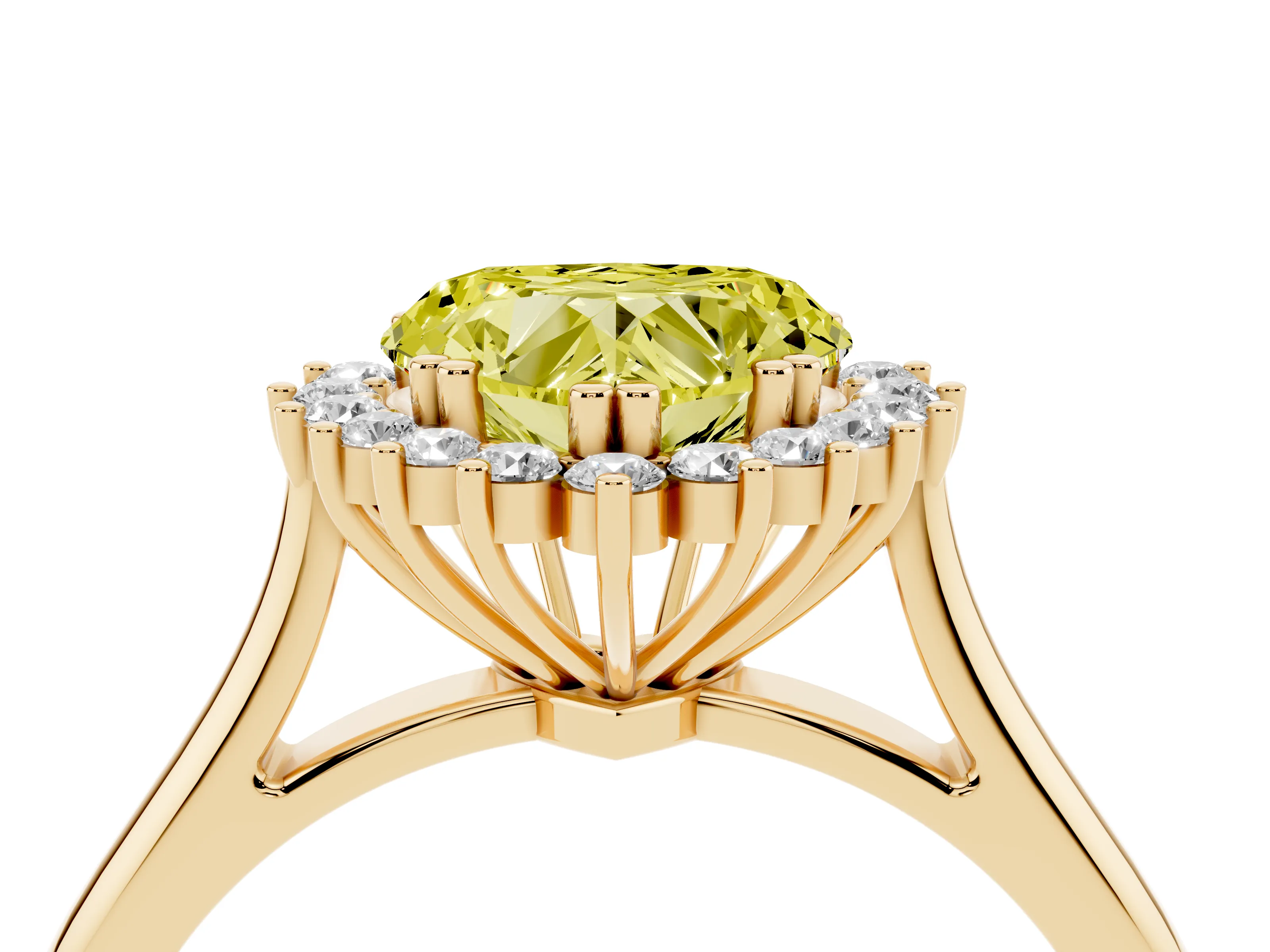 Fancy Yellow Heart Cut Diamond Halo Ring Set in Yellow gold with Plain Solitaire Band and Prong Setting