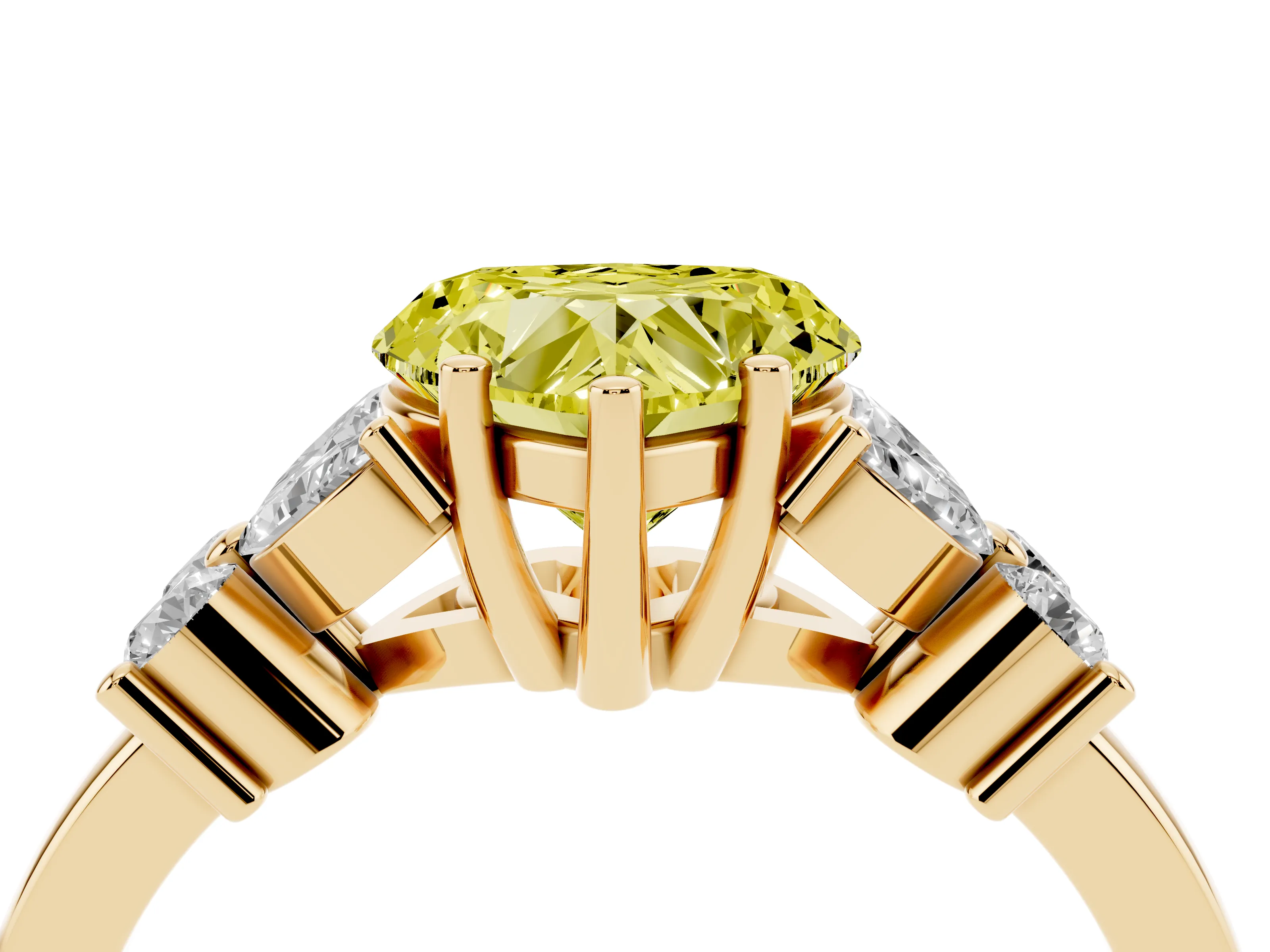 Fancy Yellow Heart Cut Diamond Floral Cluster Ring Set in Yellow gold with Marquise Petals and Prong Setting