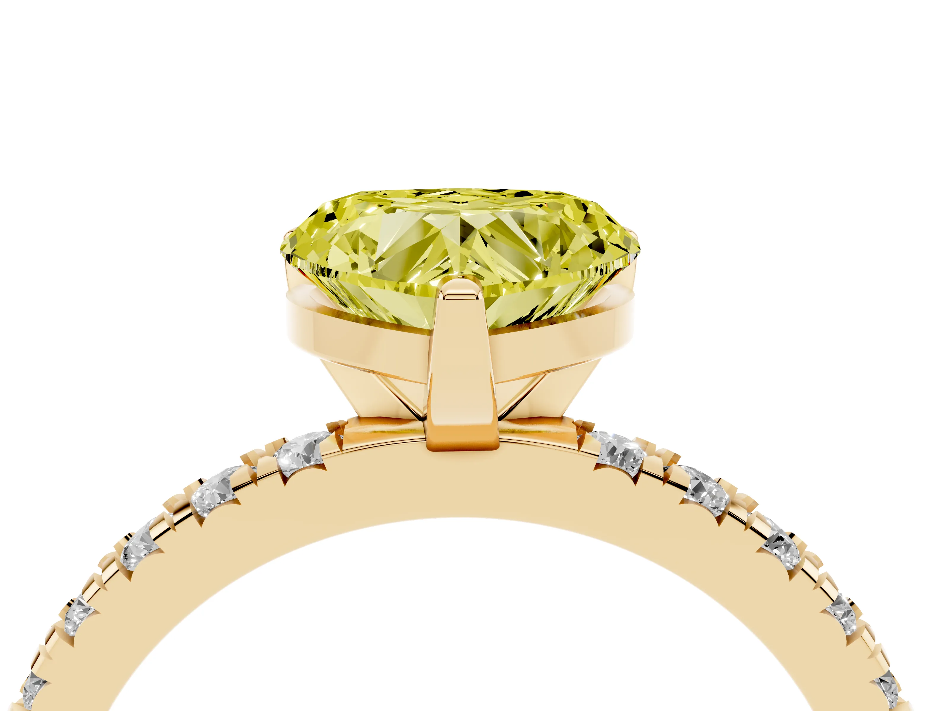 Fancy Yellow Heart Cut Diamond Pavé Band Solitaire Set in Yellow gold with Prong Setting