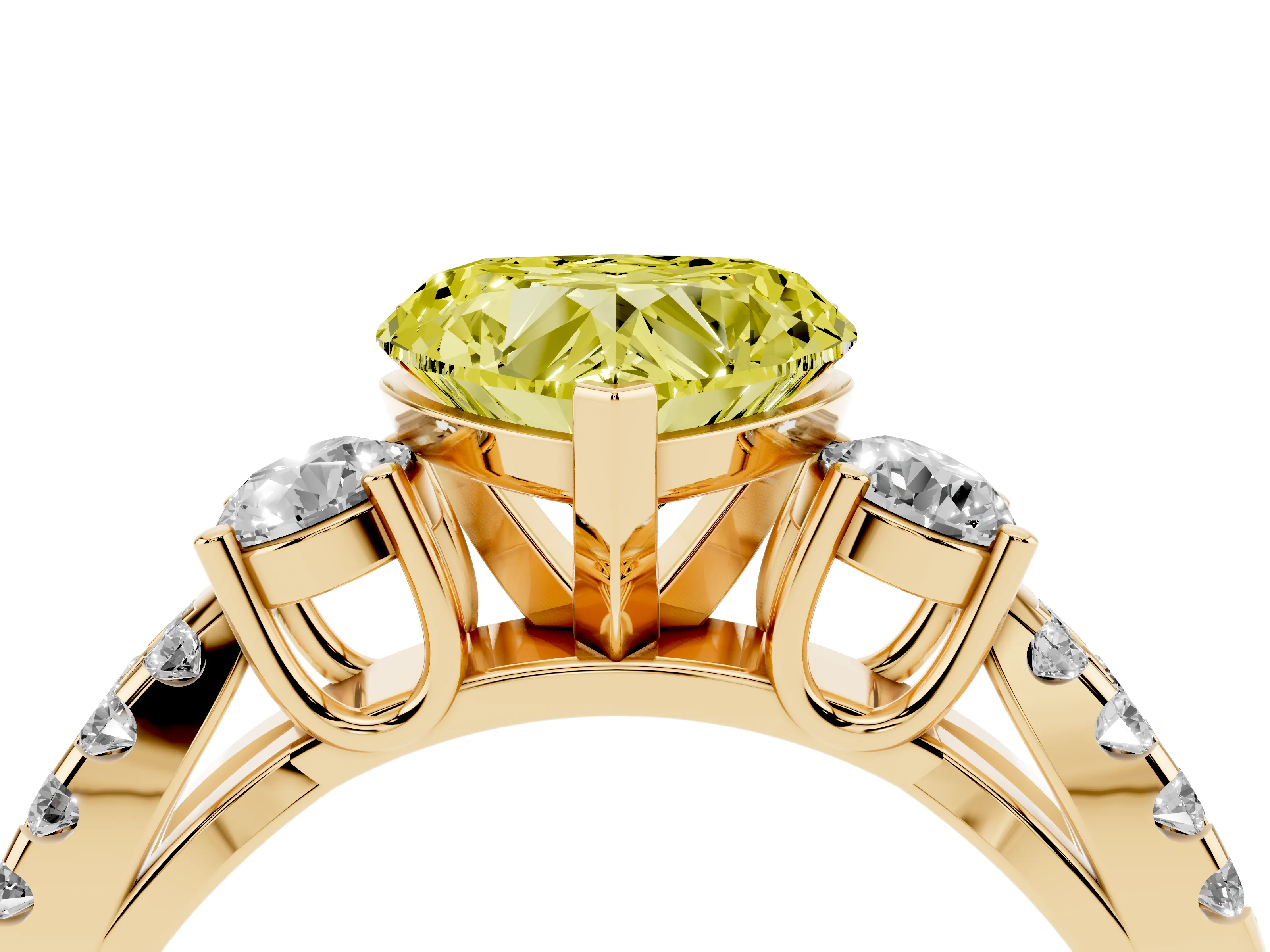 Fancy Yellow Heart Cut Diamond Three-Stone Ring Set in Yellow gold with Pavé Split Shank and Prong Setting