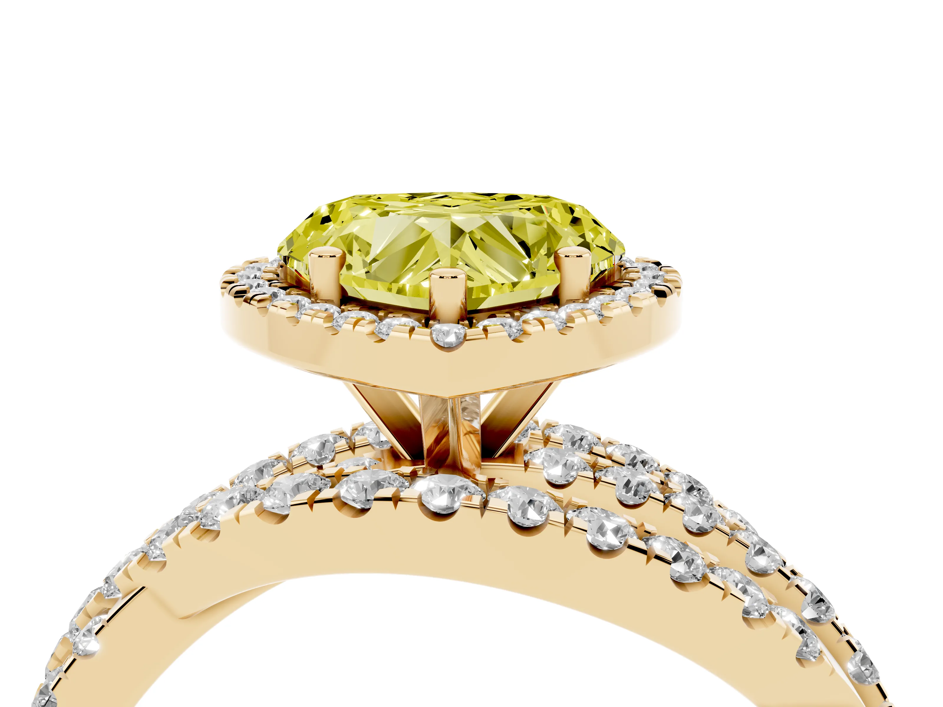 Fancy Yellow Heart Cut Diamond Halo Ring Set in Yellow gold with Round Crossover Split Shank and Prong Setting