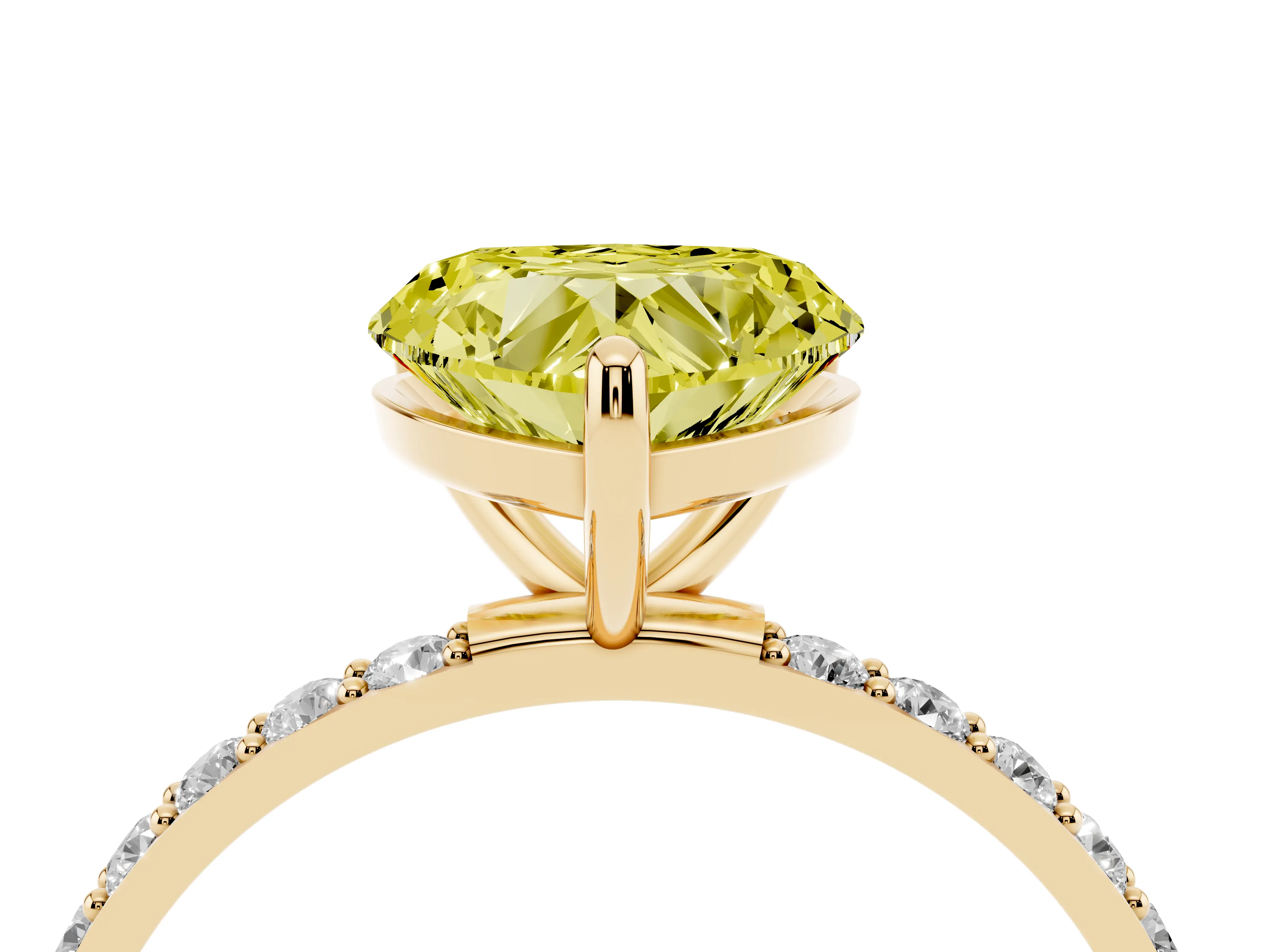 Fancy Yellow Heart Cut Diamond Solitaire Ring Set in Yellow gold with Round Pavé Band and Prong Setting