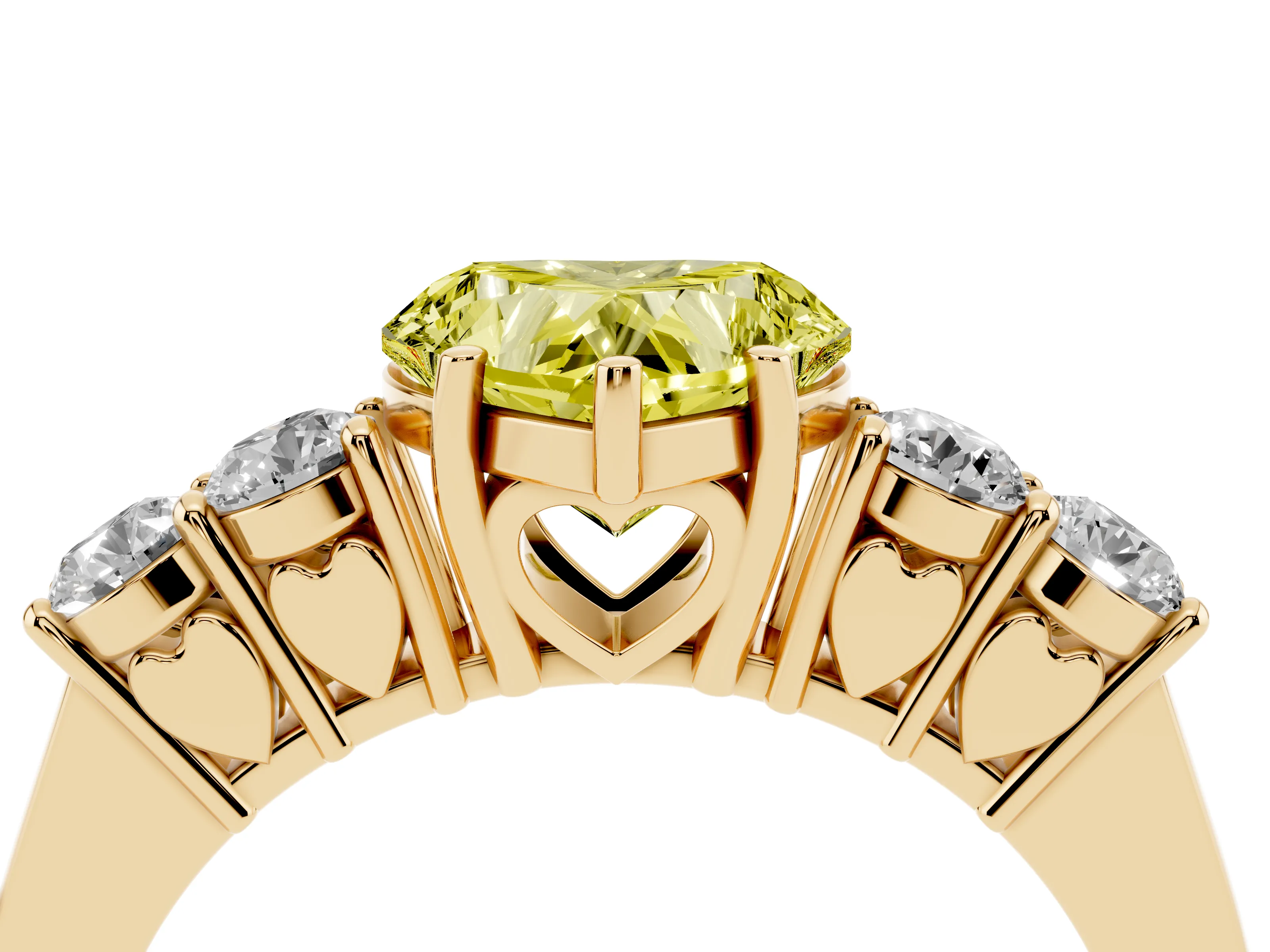 Fancy Yellow Heart Cut Diamond Five-Stone Prong Set Band Ring Set in Yellow gold with Polished Band
