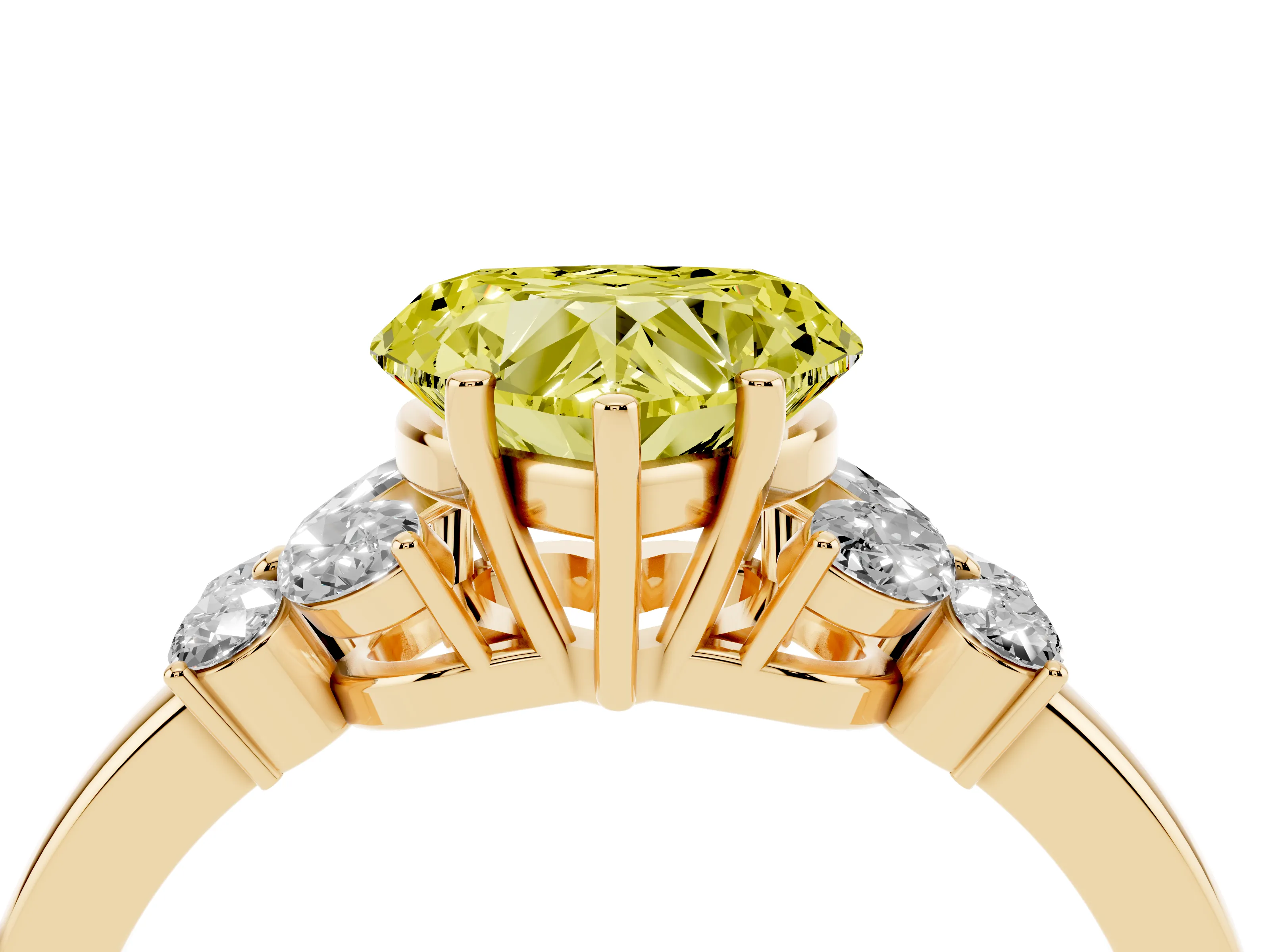 Fancy Yellow Heart Cut Diamond Solitaire Floral Ring Set in Yellow gold with Marquise Petals and Prong Setting
