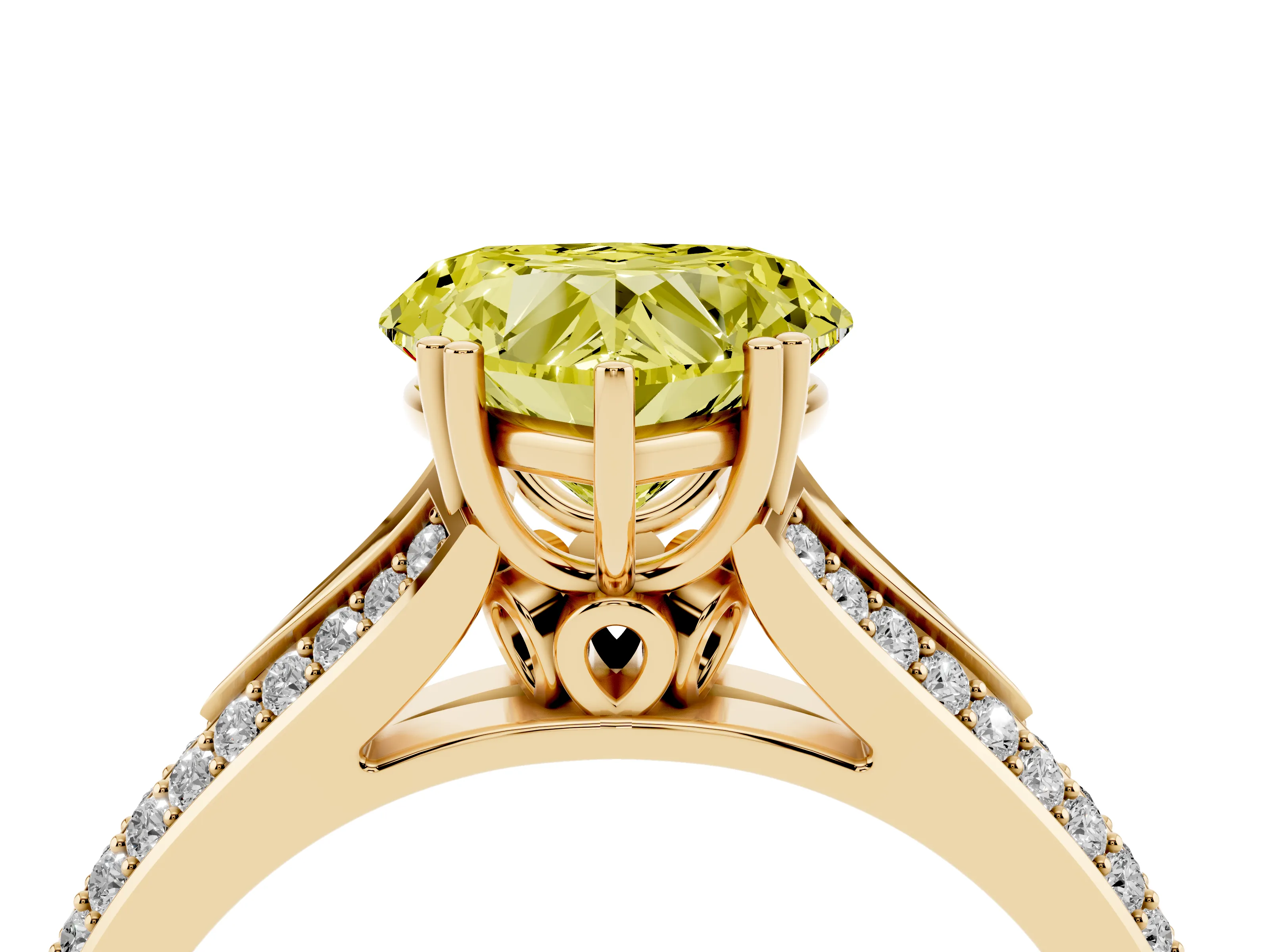 Fancy Yellow Heart Cut Diamond Split Shank Pavé Engagement Ring Set in Yellow gold with Prong-Set Center Stone
