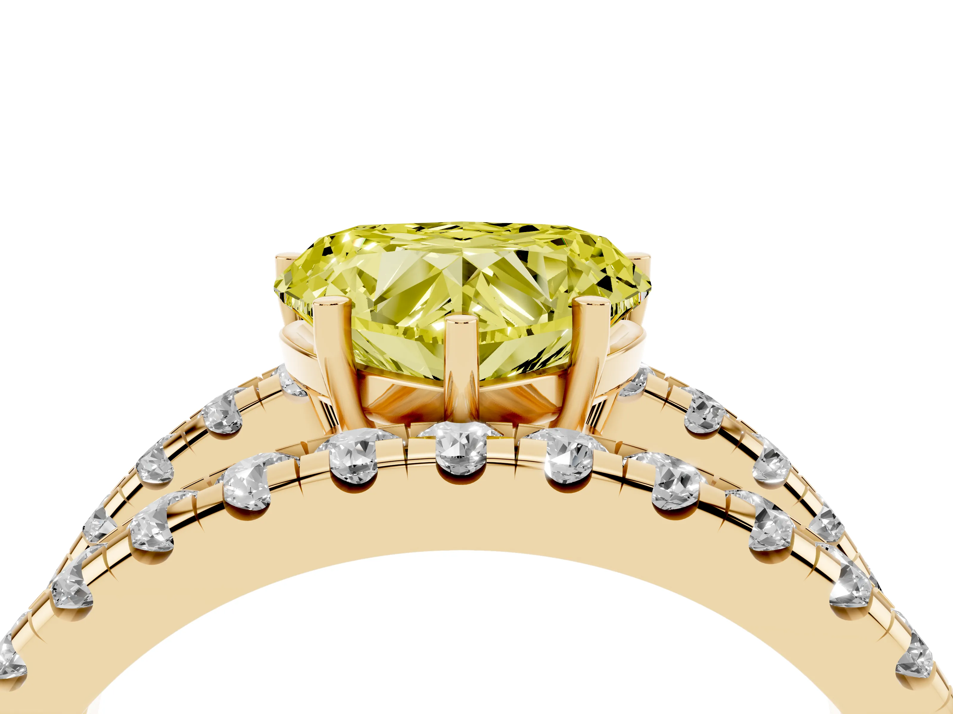 Fancy Yellow Heart Cut Diamond Split Shank Pavé Solitaire Ring Set in Yellow gold with Open Shank Design