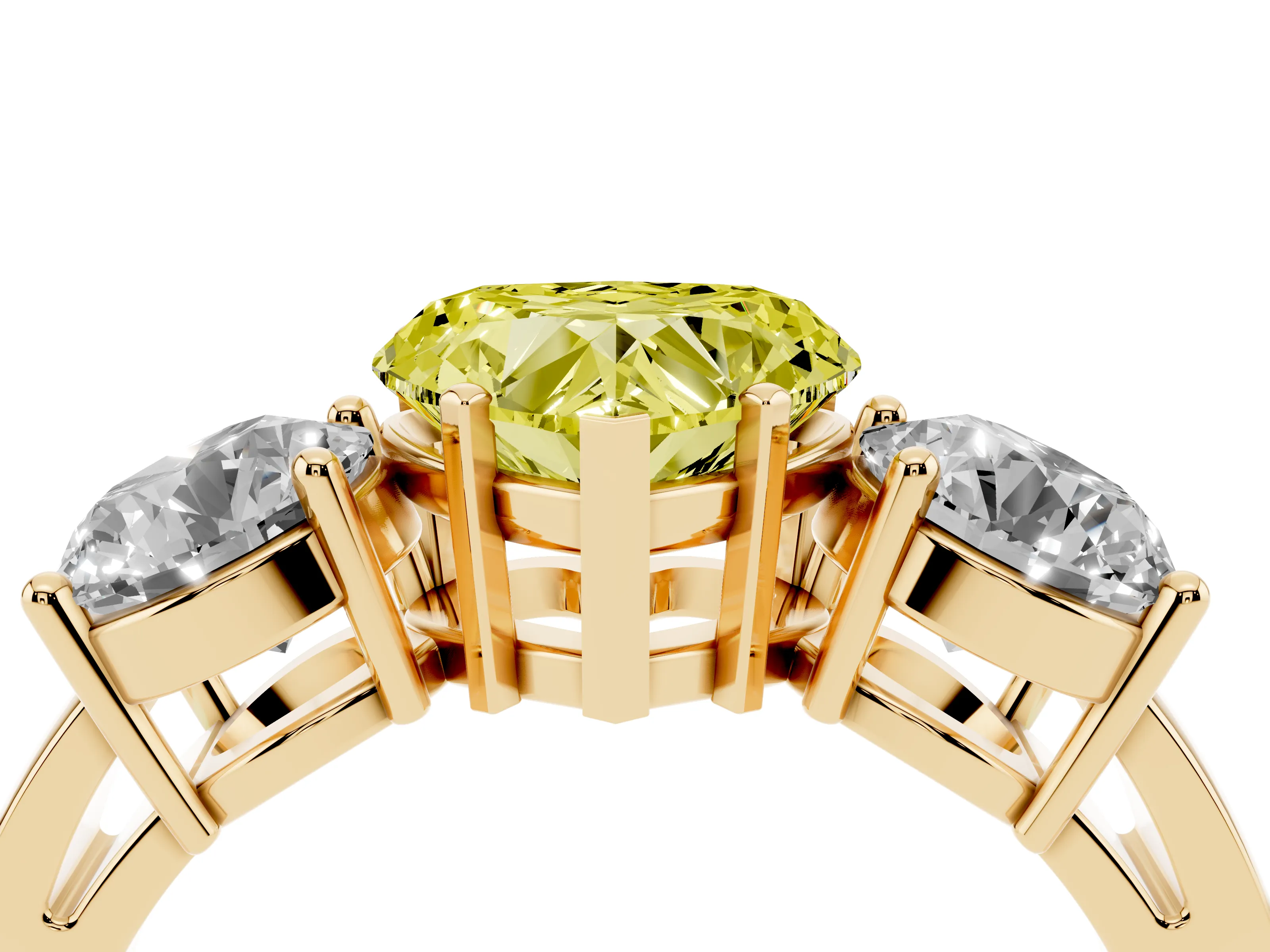 Fancy Yellow Heart Cut Diamond Three-Stone Ring Set in Yellow gold with Round Side Stones and Classic Band