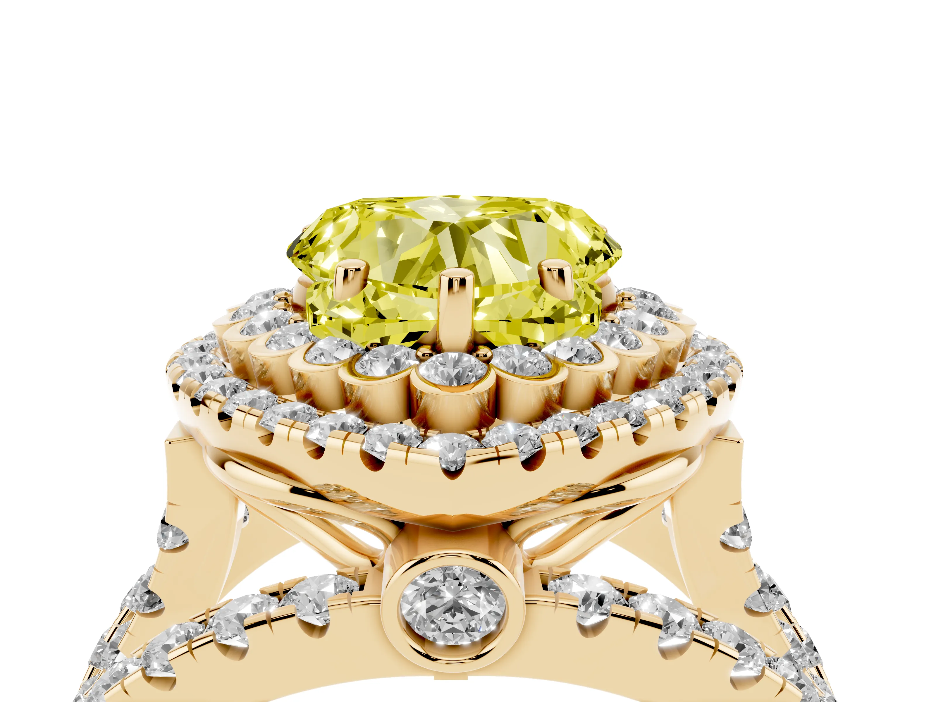 Fancy Yellow Heart Cut Diamond Double Halo Ring Set in Yellow gold with Round Pavé Split Shank