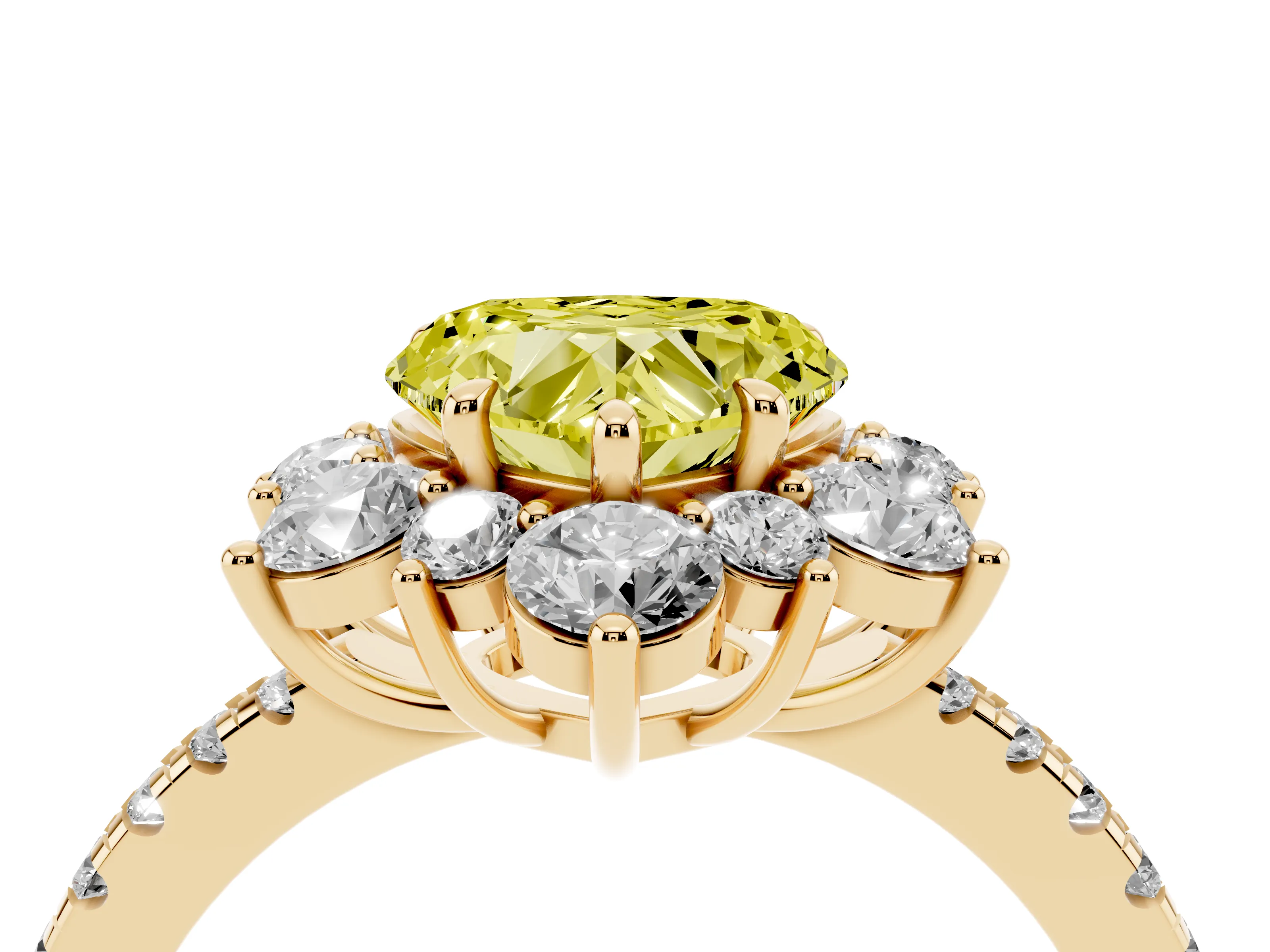 Fancy Yellow Heart Cut Diamond Floral Halo Ring Set in Yellow gold with Round Pavé Band and Prong Setting