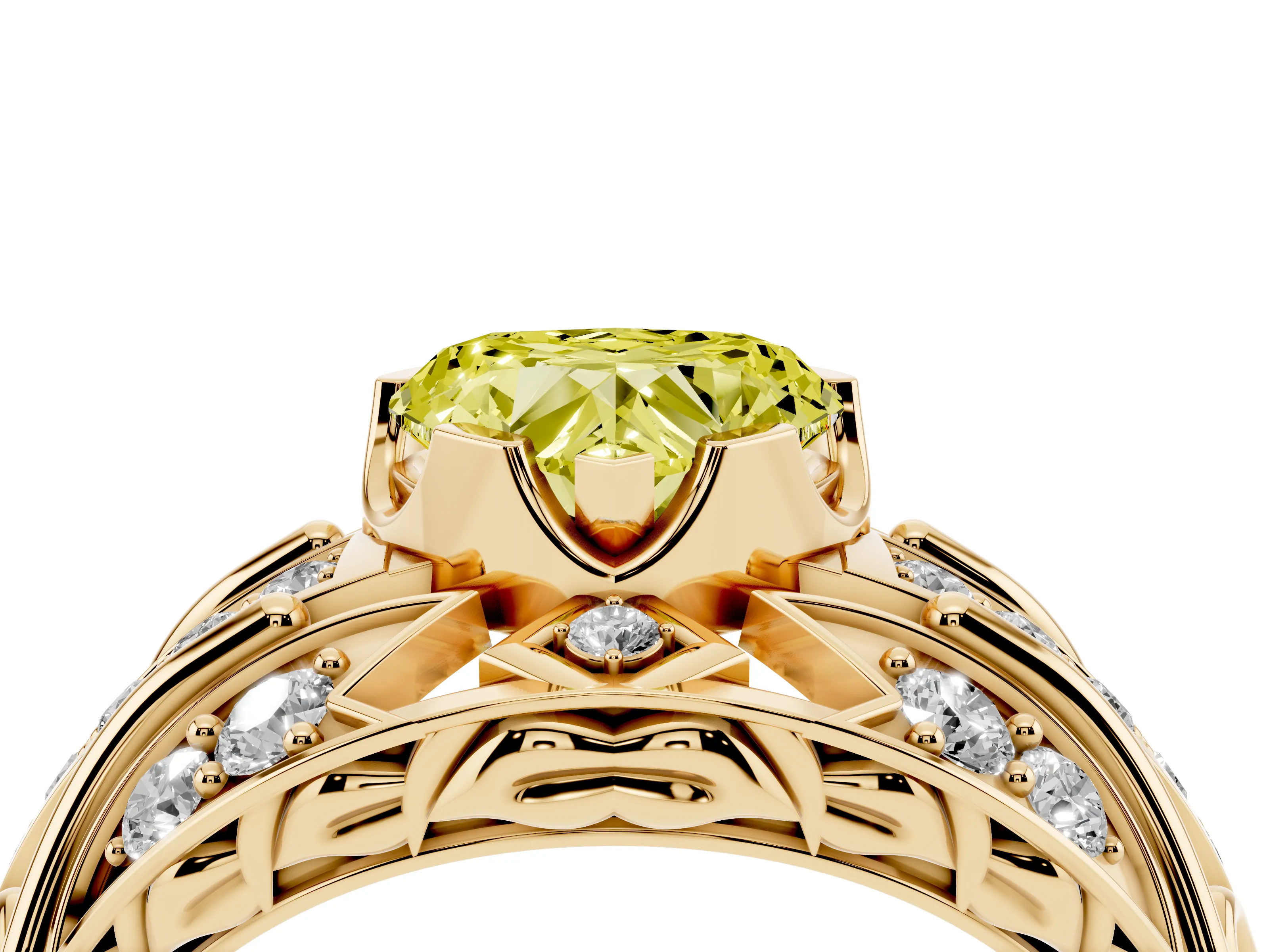 Fancy Yellow Heart Cut Diamond Art Deco Ring Set in Yellow gold with Pavé Split Shank