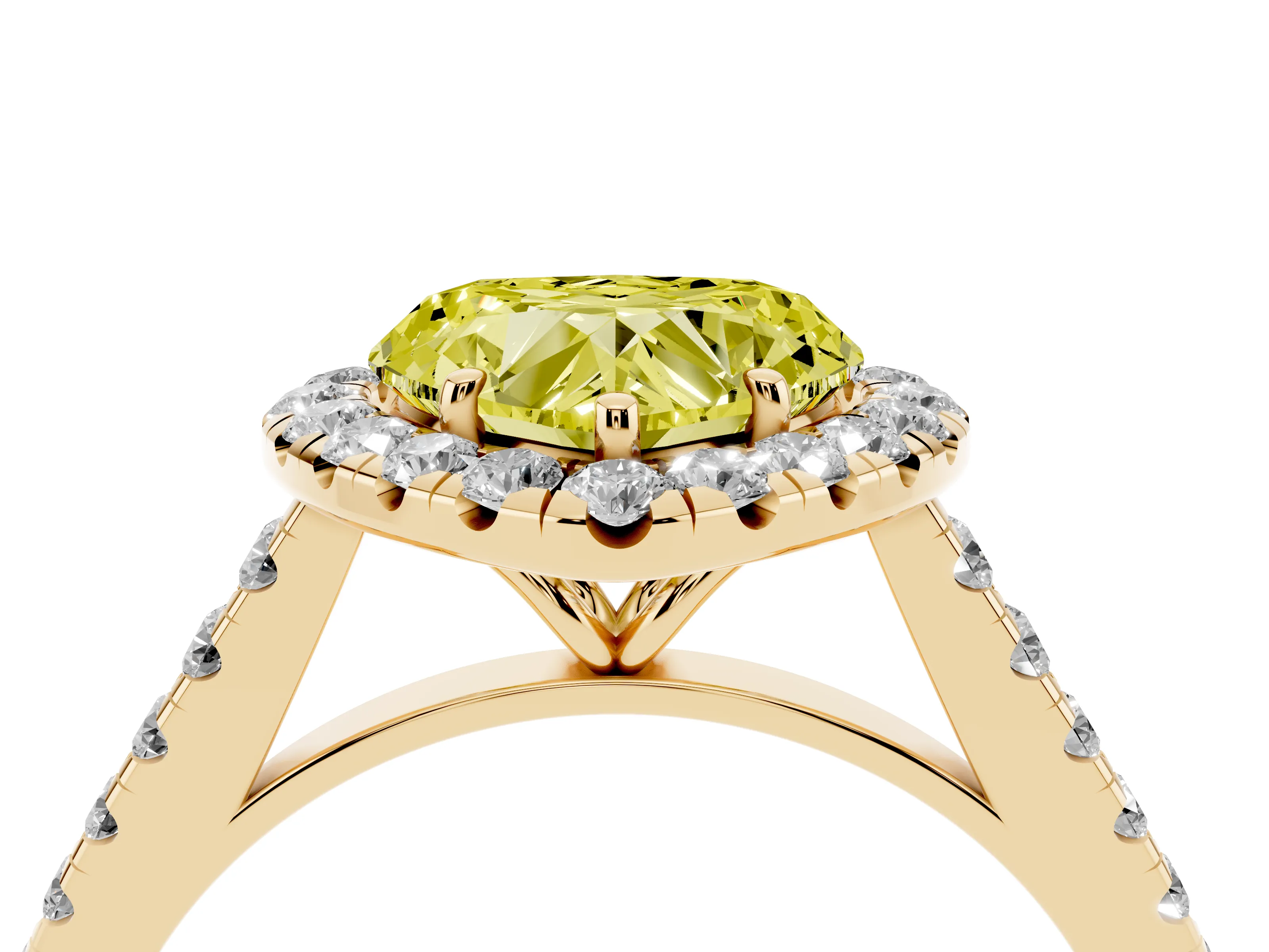Fancy Yellow Heart Cut Diamond Halo Pavé Engagement Ring Set in Yellow gold with Prong Setting