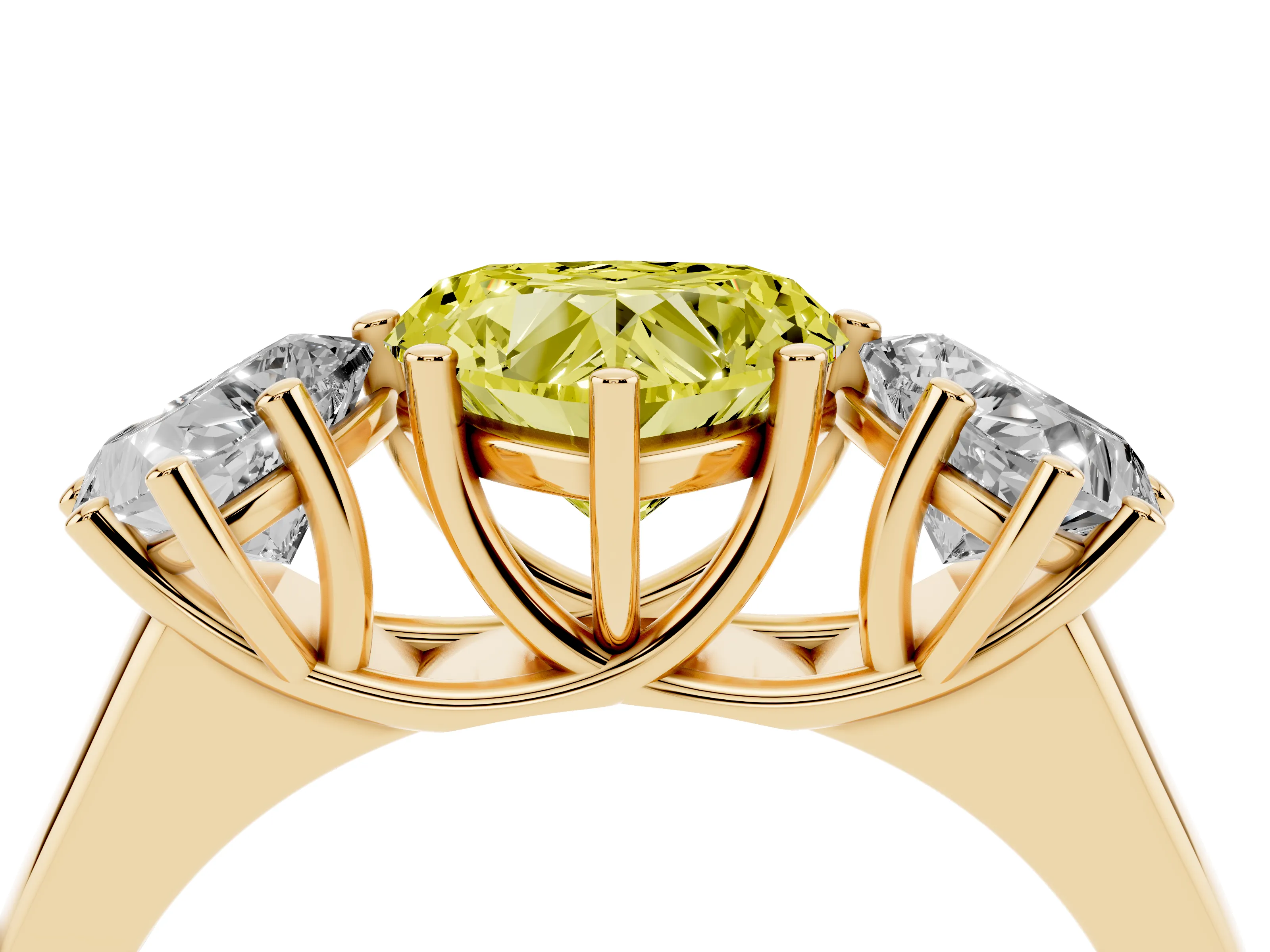 Fancy Yellow Heart Cut Diamond Three-Stone Ring Set in Yellow gold with Plain Polished Band